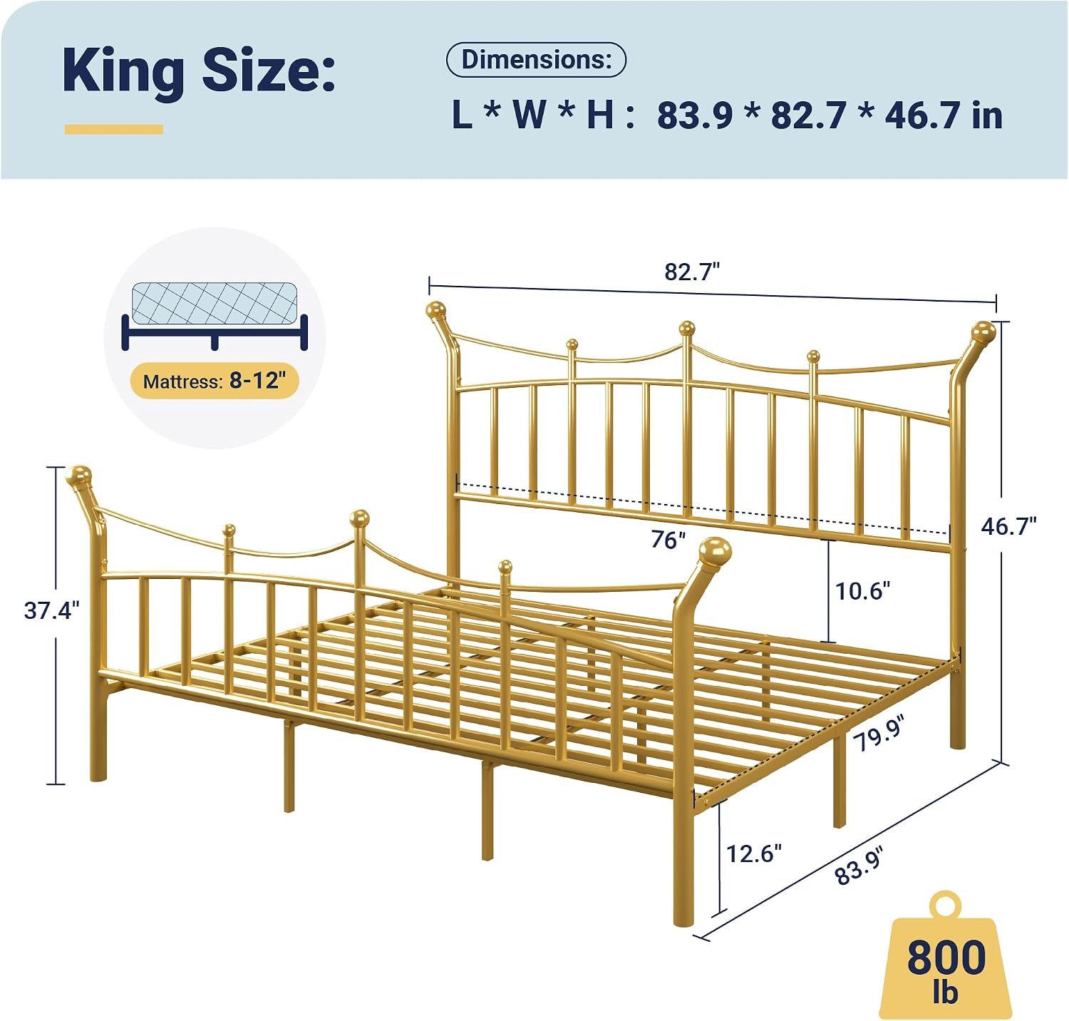 Detalle de Allewie Metal Platform Bed Frame, King Size