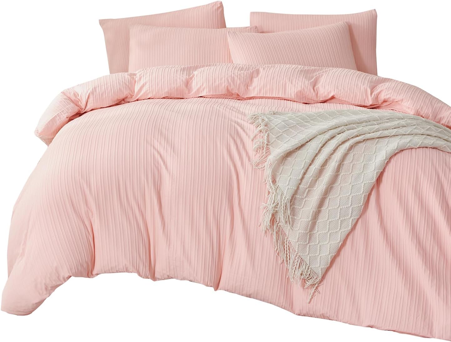 Thumbnail 1 de TISPLR Pink Striped King Comforter Set – Soft Luxury Microfiber Jacquard 3-Piece Bedding