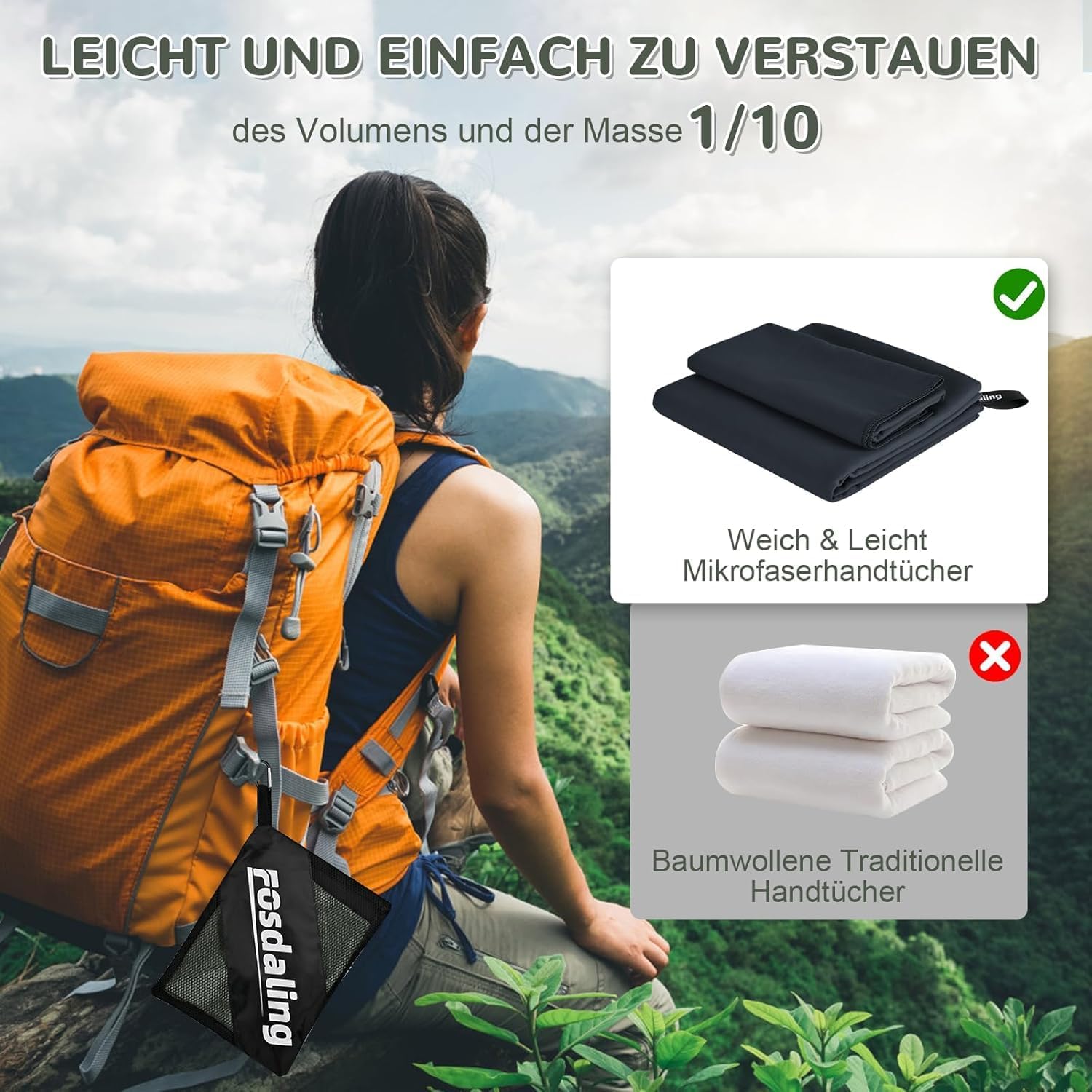 Detalle de Fosdaling Mikrofaser Handtuch-Set (3-teilig) in Dunkelgrau: 200×100 cm & 2× 80×40 cm