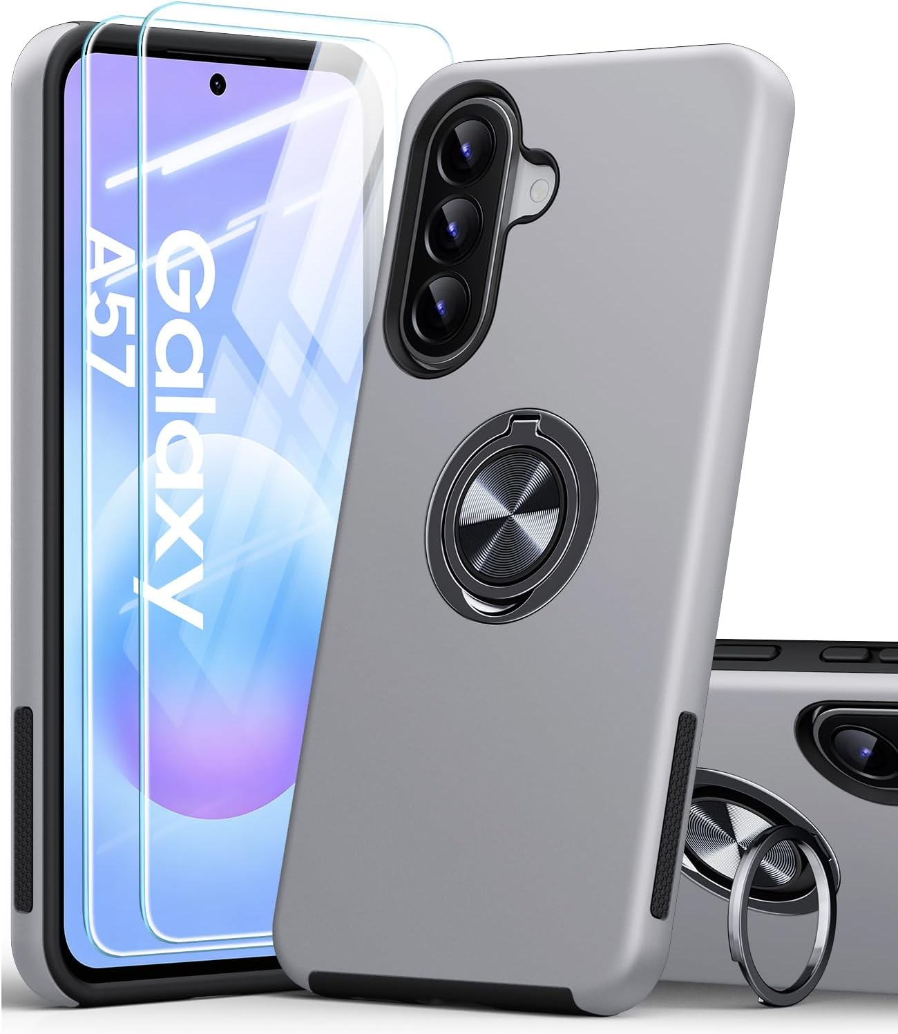 Detalle de AOUIA Hülle für Samsung Galaxy A57 5G mit 2 PanzerGlas‑Schutzplatten – Militärischer Stoßschutz, 360° Ringständer