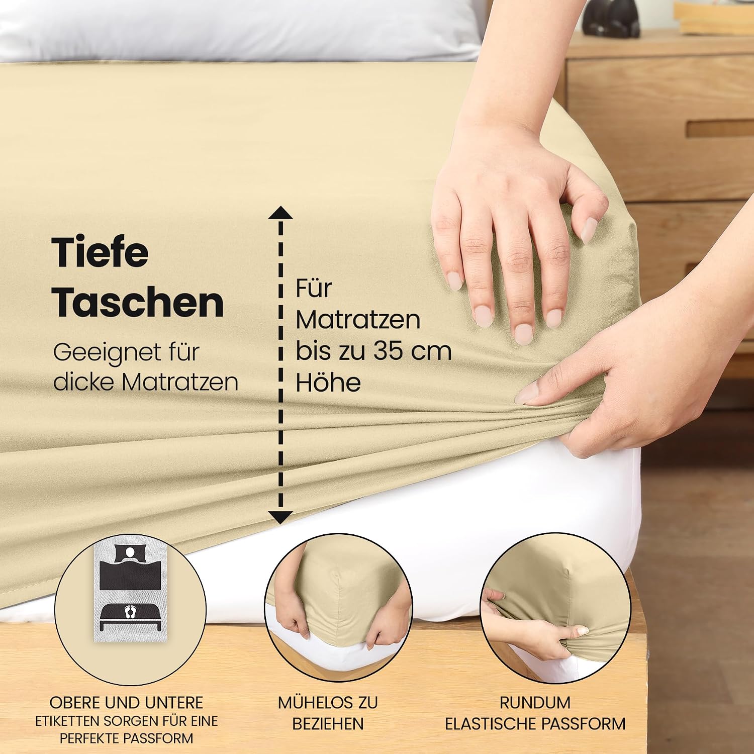 Detalle de Utopia Bedding Spannbettlaken 160x200 cm (beige) mit 35 cm Taschen-Tiefe aus gebürsteter Polyester-Mikrofaser