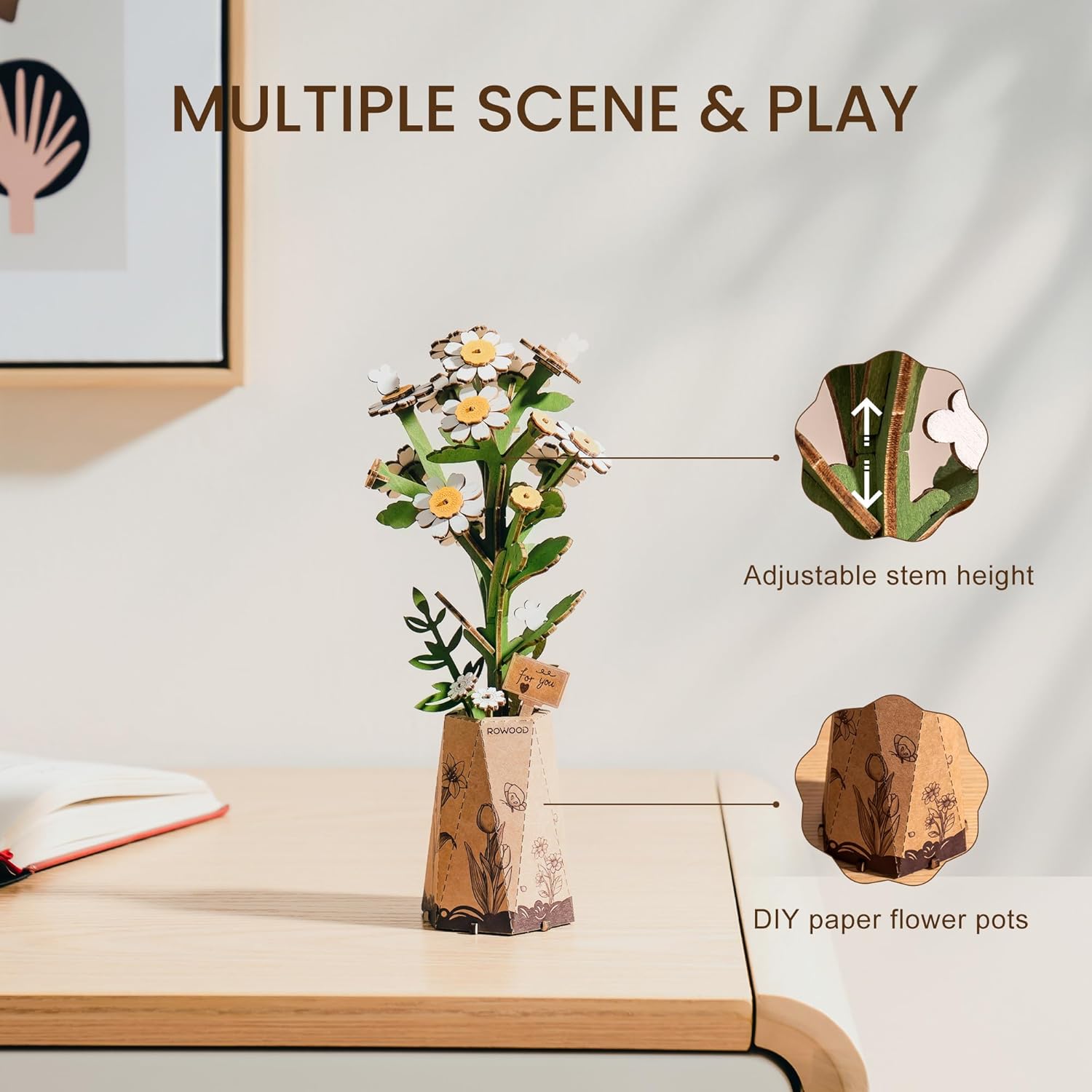 Thumbnail 2 de rowood 3D Wooden Flower Puzzle DIY – wooden artificial flower model kit for adults
