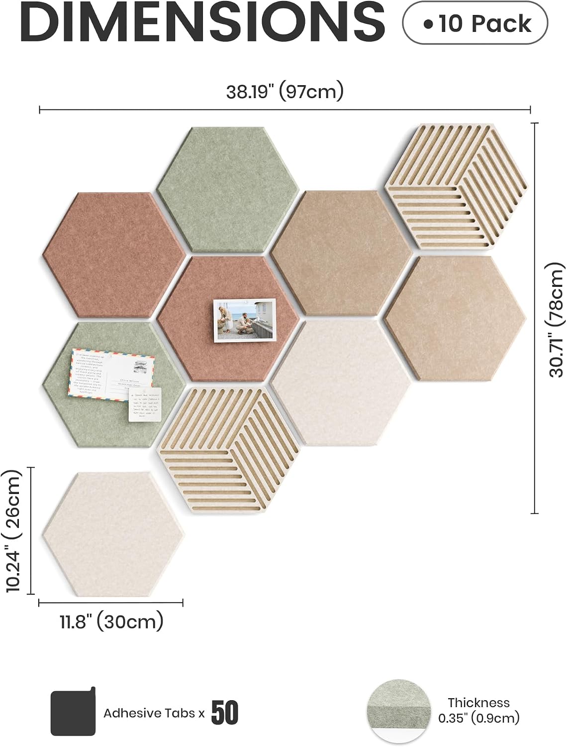 Detalle de Fluxynara 10-Pack Hexagon Felt Bulletin Board Tiles, Boho with Adhesive Tabs
