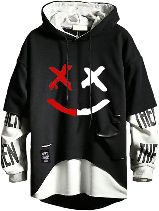 Detalle de Hello MrLin Men’s Techwear Hip Hop Hoodie Japanese Streetwear Patchwork Jumper