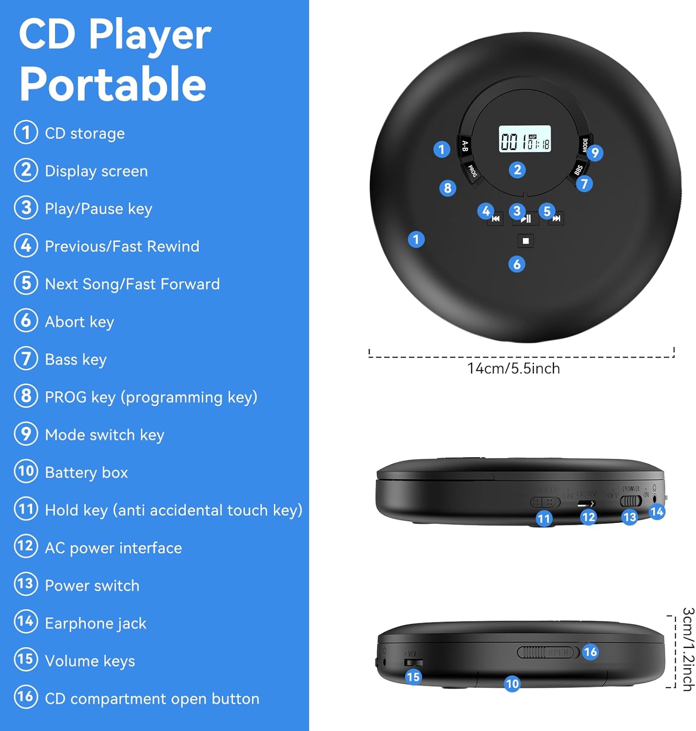 Detalle de Gueray Portable CD Player with Anti-Skip, LCD Display, and 32-Track Program Memory