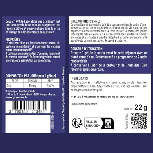 Detalle 2 de Granions Zinc Bisglycinate – Immunité et Antioxydant, 60 gélules