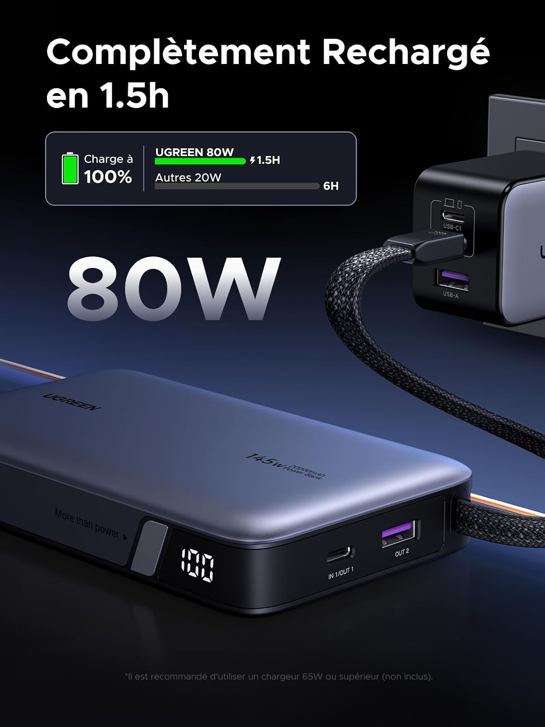 Detalle de UGREEN Nexode 145 W powerbank 20.000 mAh met geïntegreerde USB-C-kabel