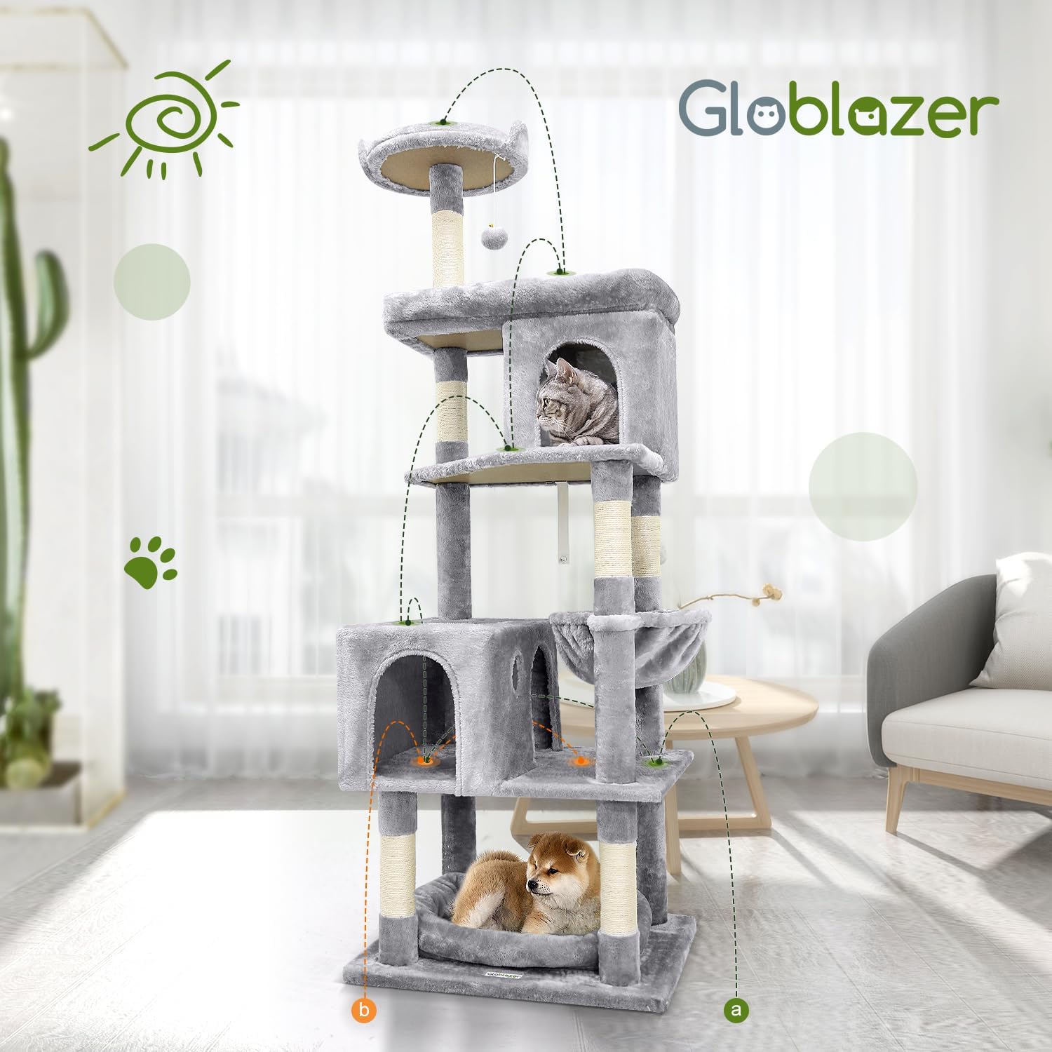Thumbnail 6 de Globlazer Arbre à chat XXL pour gros chats (183 cm) avec niches, plateformes et perchoir — Gris clair