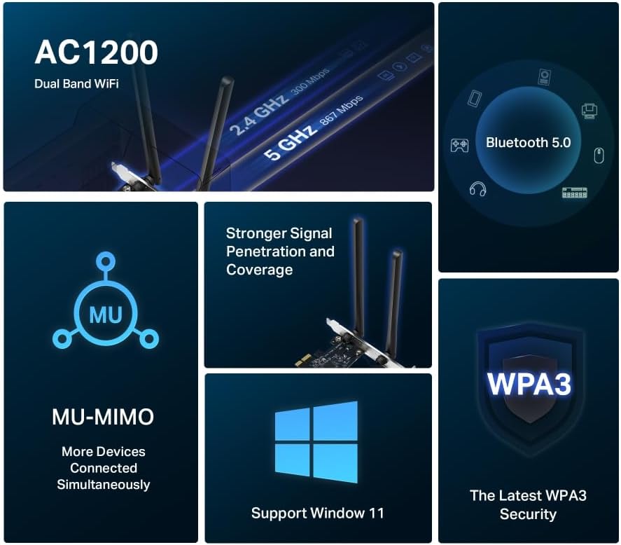 Detalle 2 de MERCUSYS MA30E AC1200 PCIe WiFi Adapter for PC — Dual Band, MU‑MIMO, Bluetooth 5.0