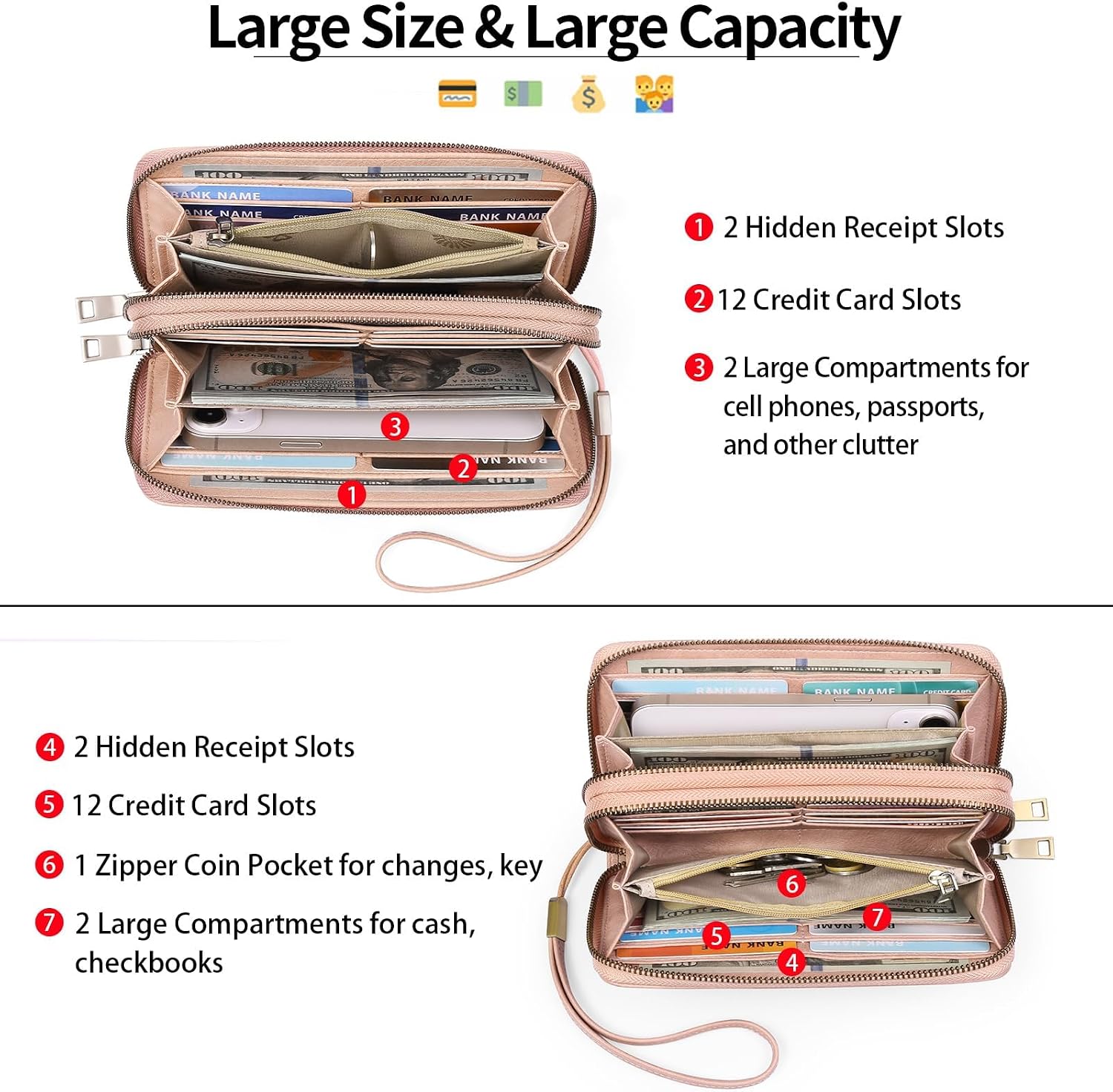 Detalle 2 de GAEKEAO Women’s Double-Zip Phone Clutch Wallet with RFID Blocking Wristlet Strap