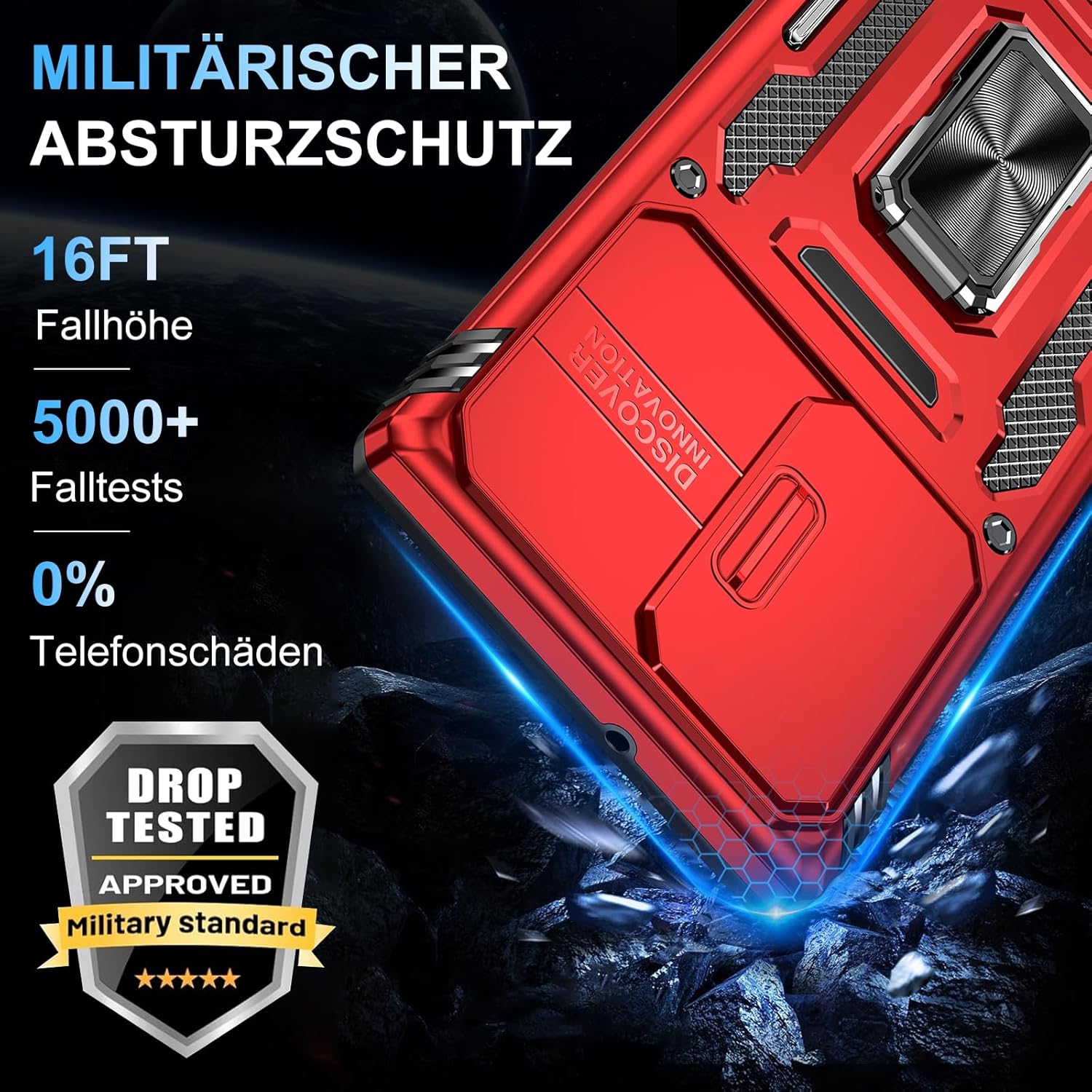 Thumbnail 3 de Handyhülle Samsung Galaxy S22 Ultra mit Slide Camera – 360° Metallring, Stoßfest und Ständer (Rot)