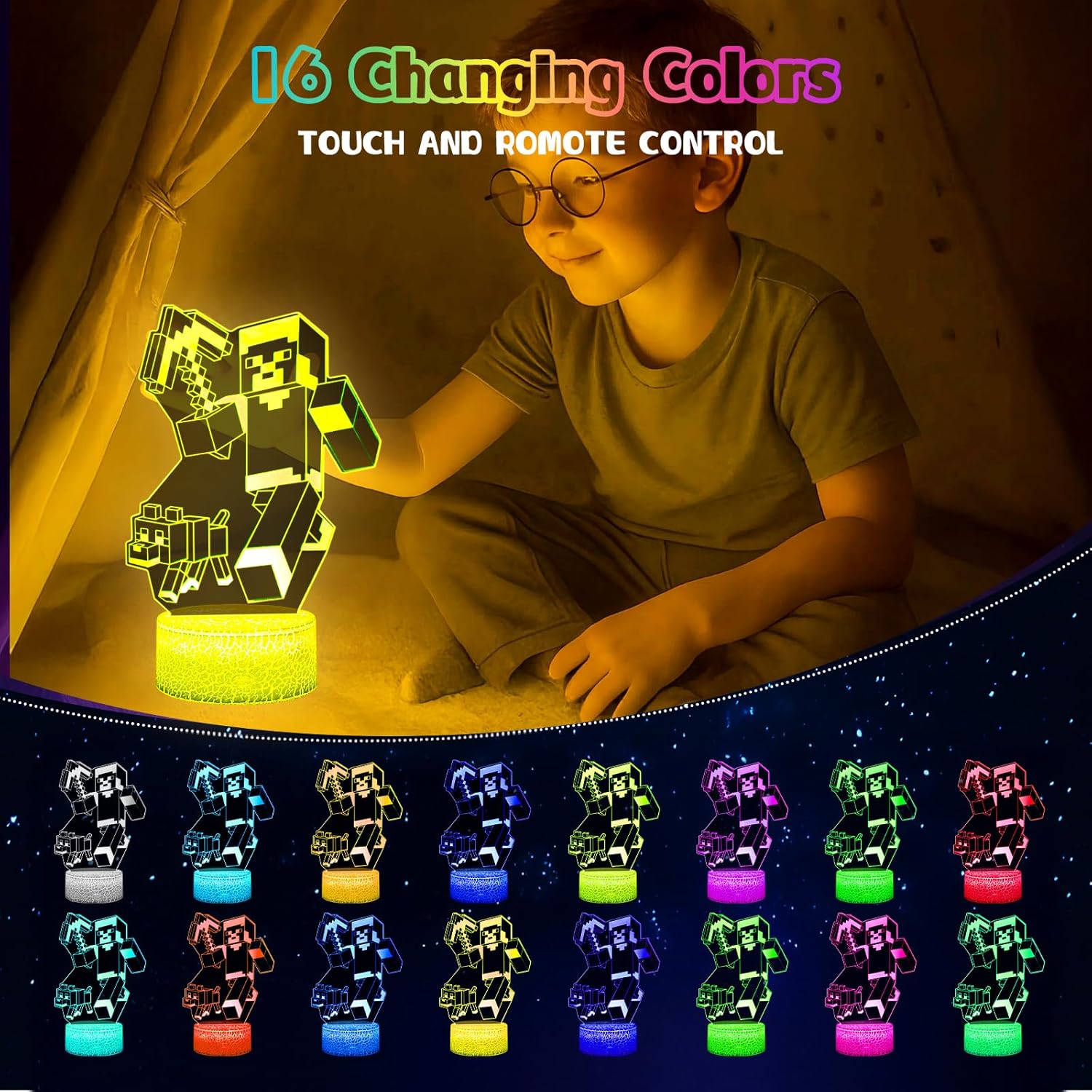 Detalle de Eygerur Lot de 2 Veilleuses Minec 3D LED pour enfants – télécommande et 16 couleurs