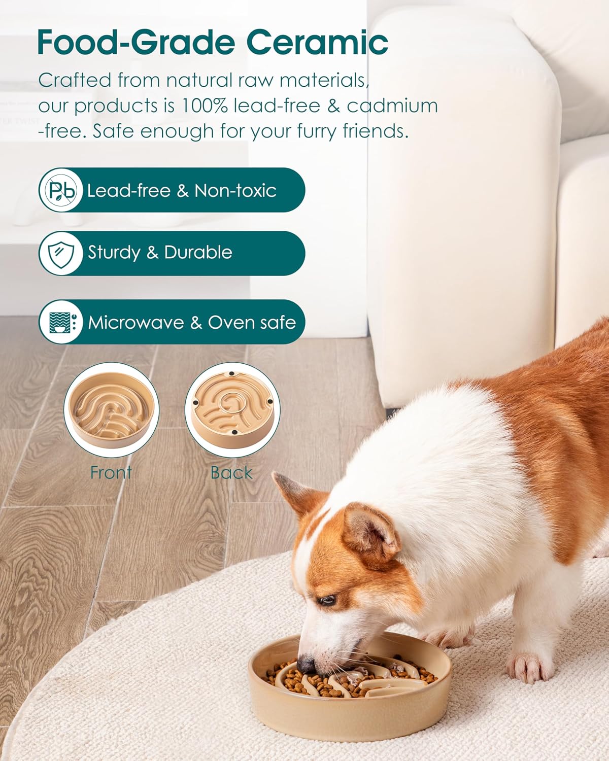 Detalle de vancasso Slow Feeder Dog Bowl (1.5 Cup) – ceramic maze puzzle bowl for small & medium pets, brown