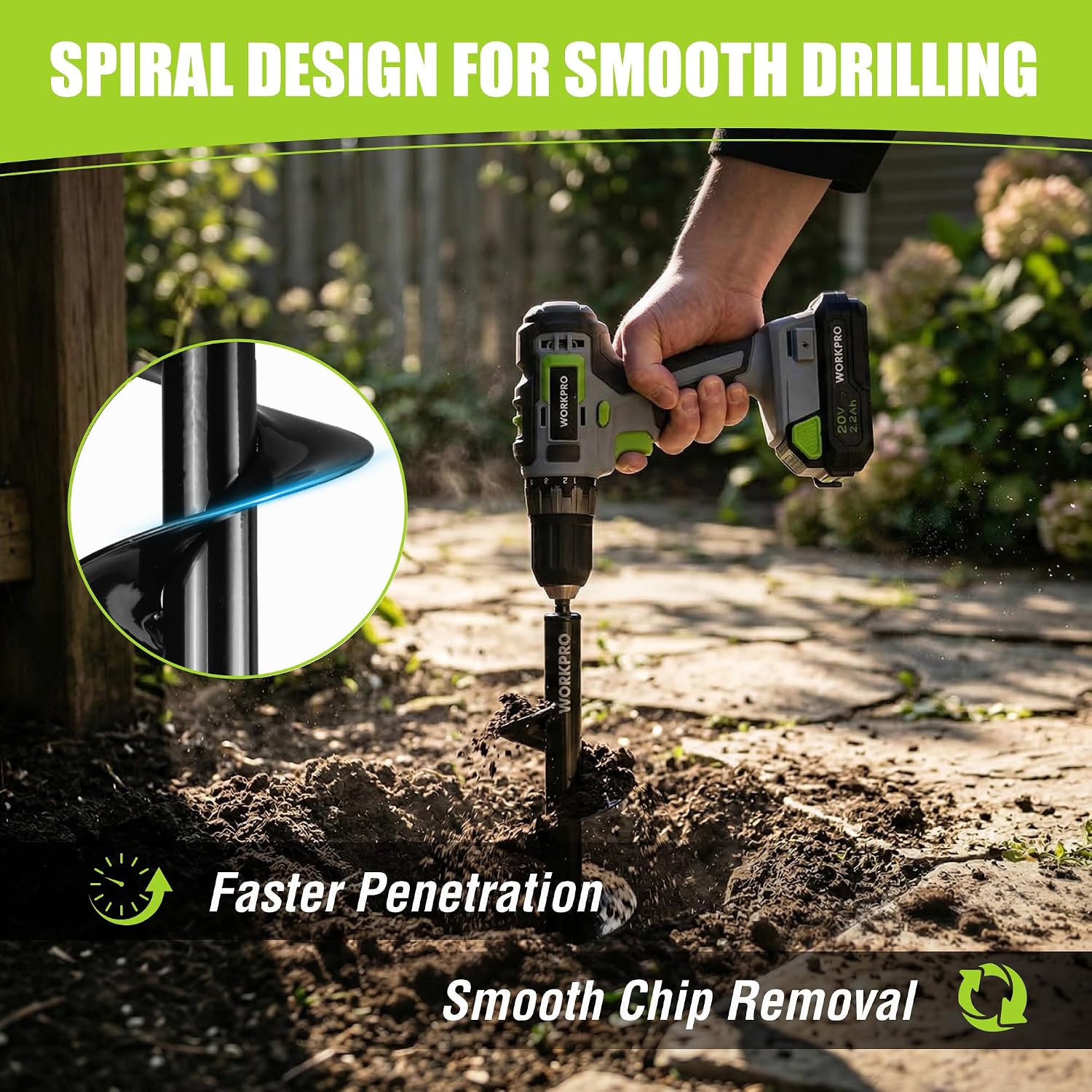 Thumbnail 6 de WORKPRO Dual-Size Auger Drill Bit Set with Hex Drive (4 x 42 cm & 9 x 40 cm) – Bulb Planter & Post Hole Digger