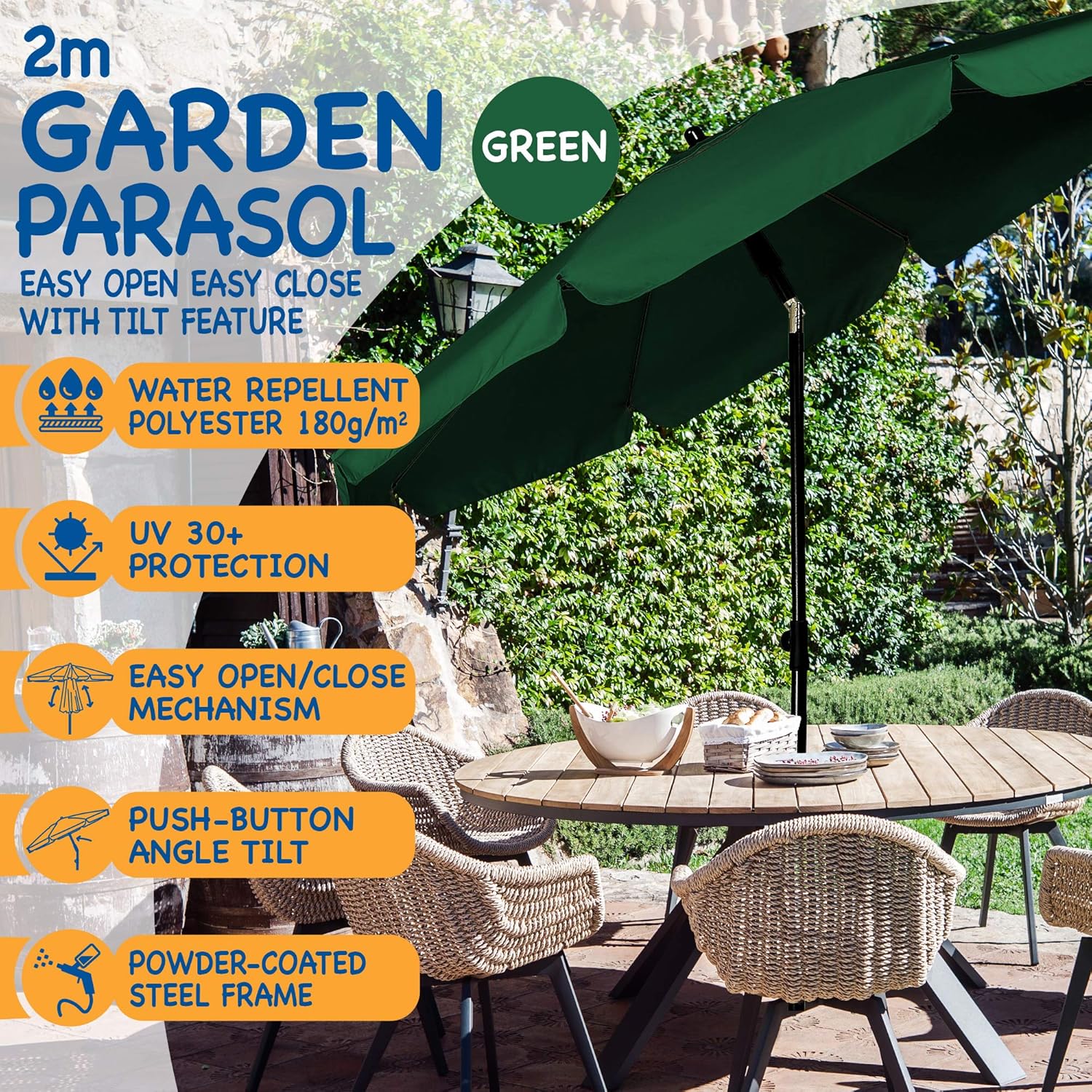 Thumbnail 5 de SUNMER 2M Beach Umbrella – Large Tilting Parasol with Water-Repellent & UV-Protection Fabric, Extra-Wide 2-Piece Steel Pole (Green)