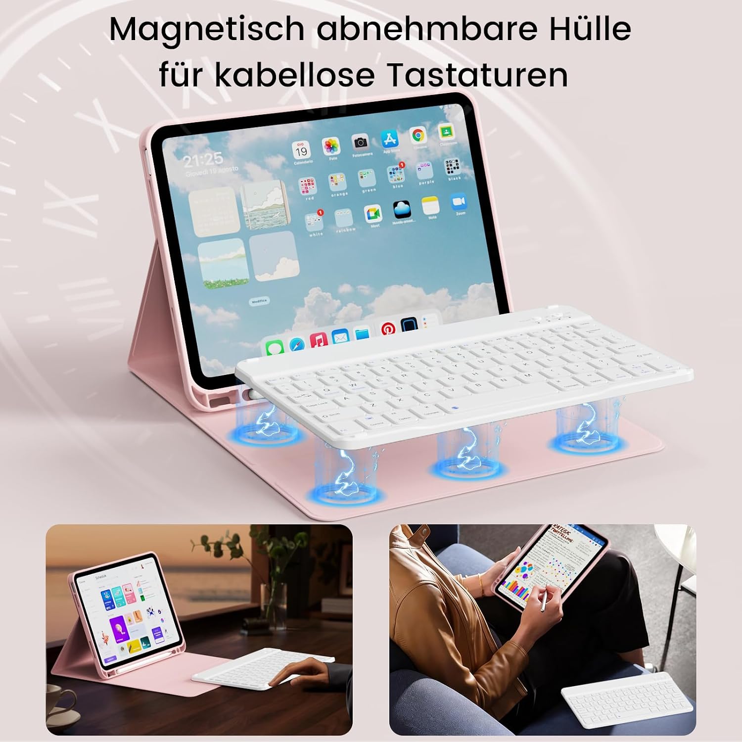 Detalle de GKABXY Hülle mit Tastatur für iPad (A16) 10./11. Generation – magnetische Bluetooth-Tastatur, Soft-TPU, QWERTZ, Rosa