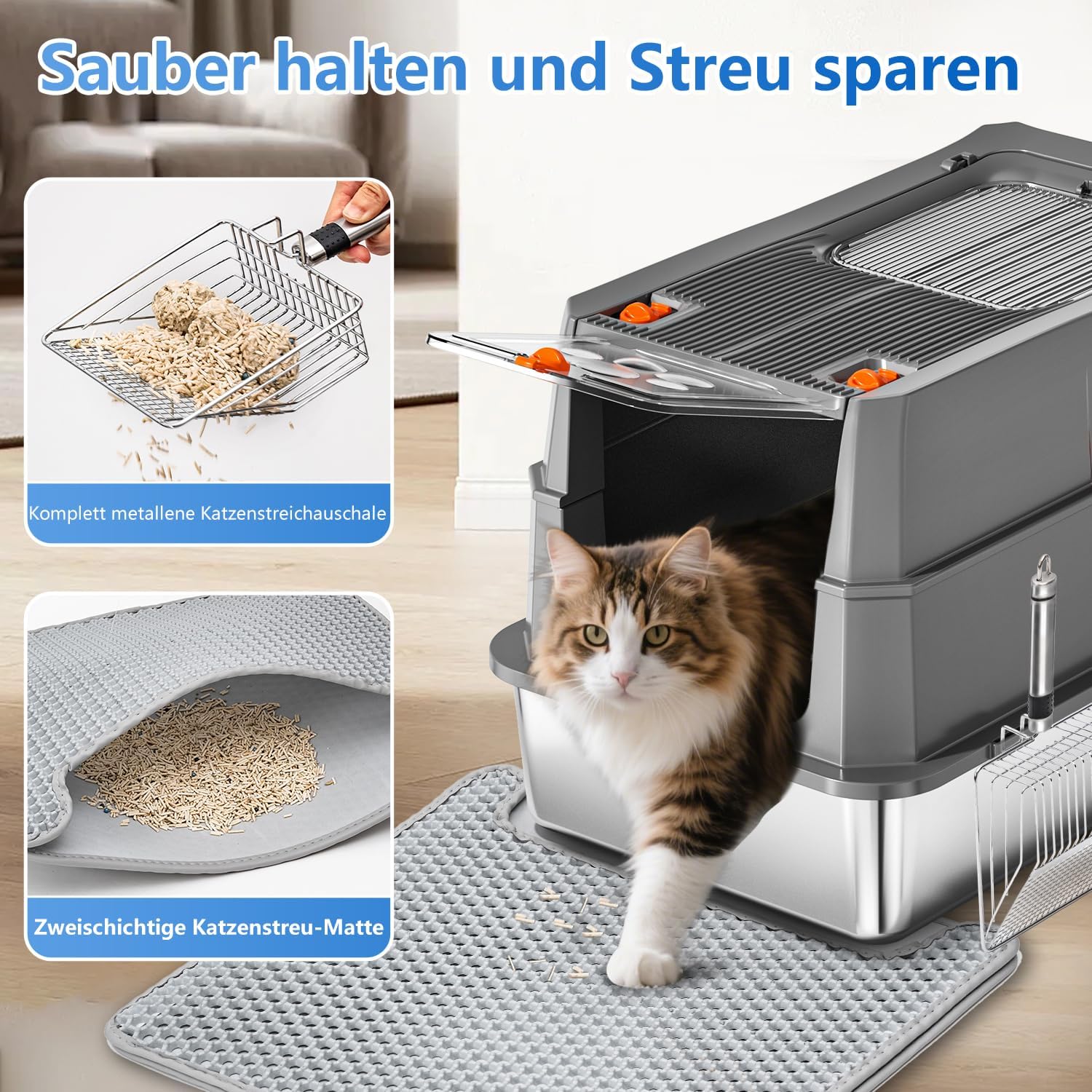 Detalle 2 de Edelstahl Katzenklo mit Deckel 155° Klappdeckel XL – hochwertiges, geschlossenes Katzenklo aus 304 Edelstahl