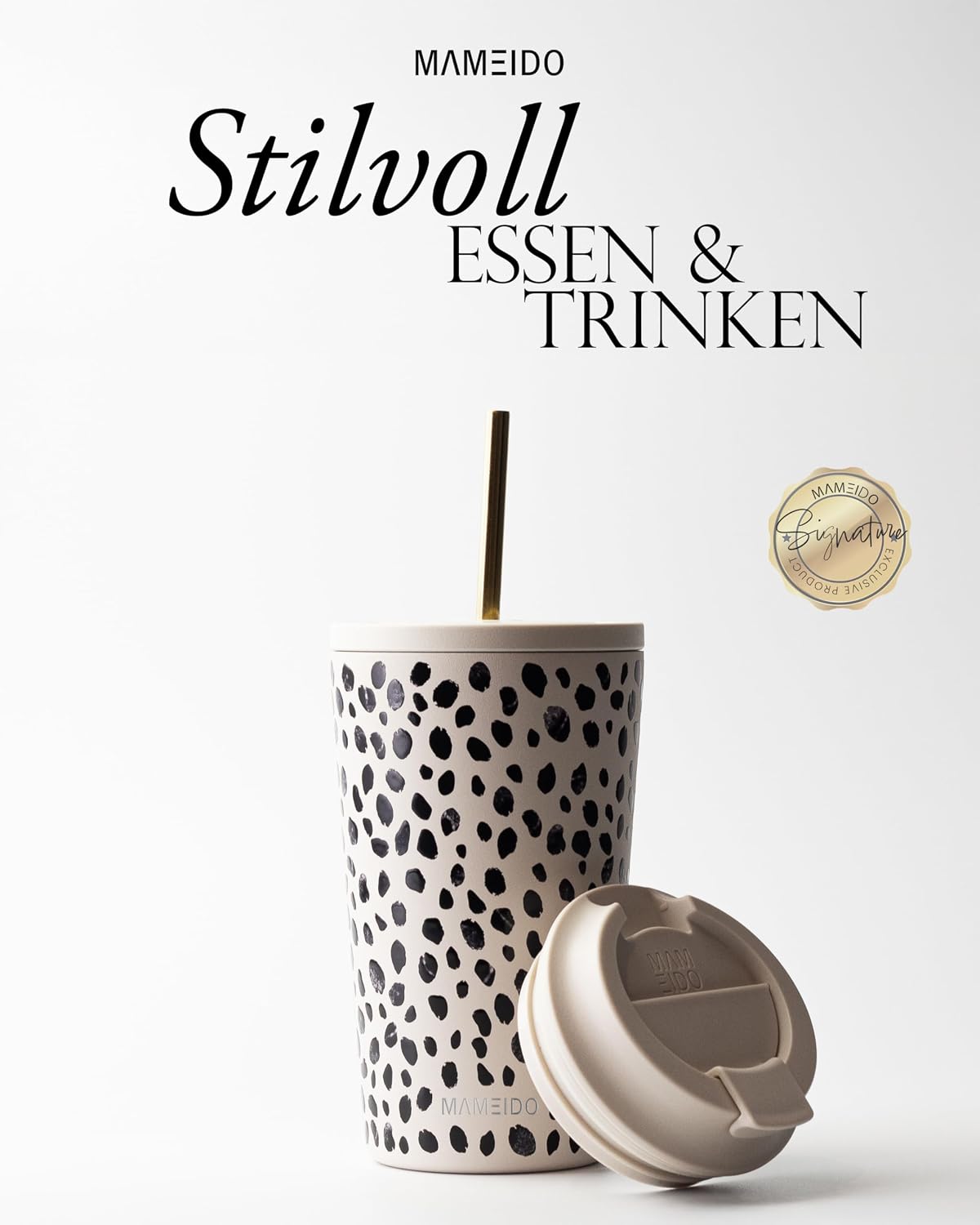 Detalle de MAMEIDO Thermobecher mit Strohhalm 470 ml – auslaufsicherer Coffee-to-go Becher mit Deckel