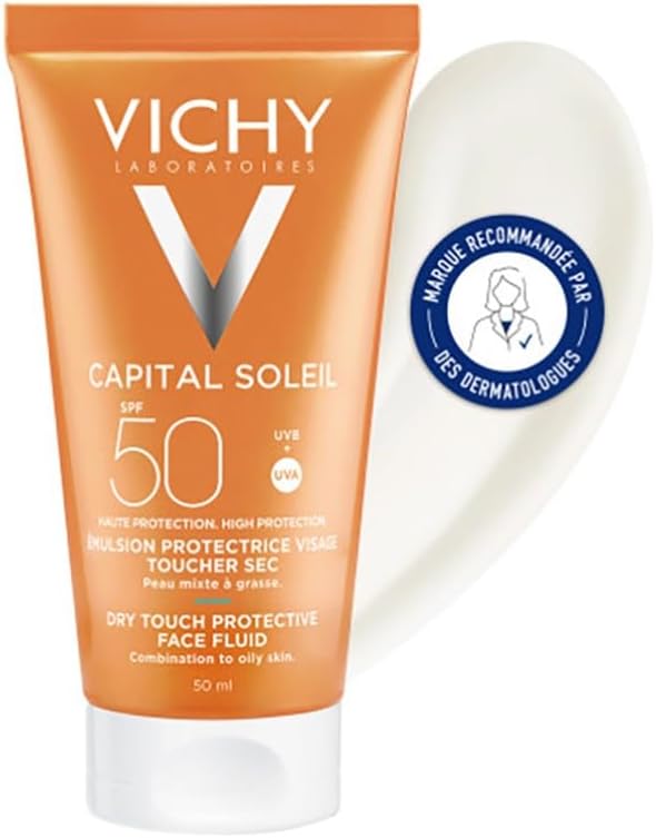 Detalle de Vichy Capital Soleil Émulsion Toucher Sec SPF 50 – Crème Matifiante pour Peaux Mixtes à Graisses