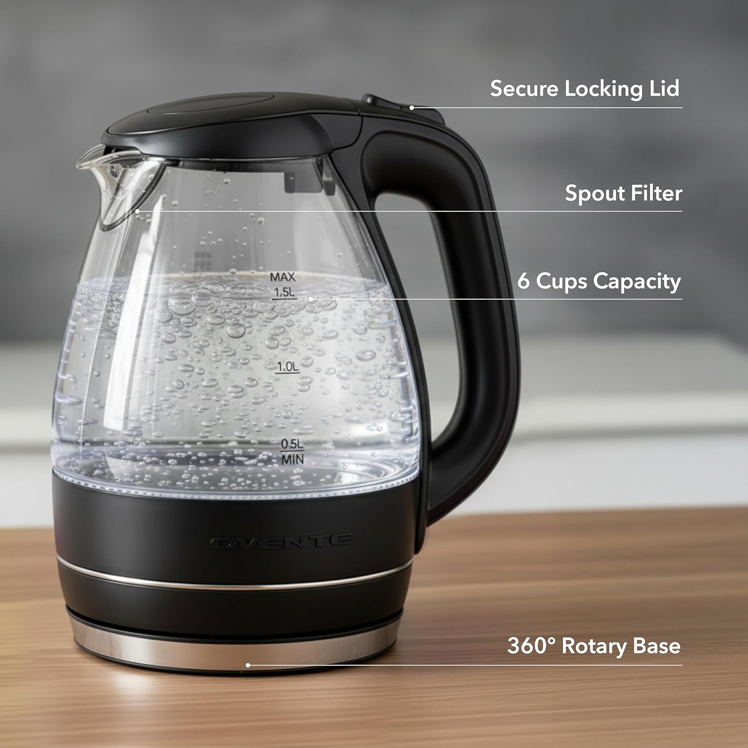 Thumbnail 4 de OVENTE KG83B Electric Kettle (1.5L) Borosilicate Glass Countertop Water Heater for Coffee or Tea