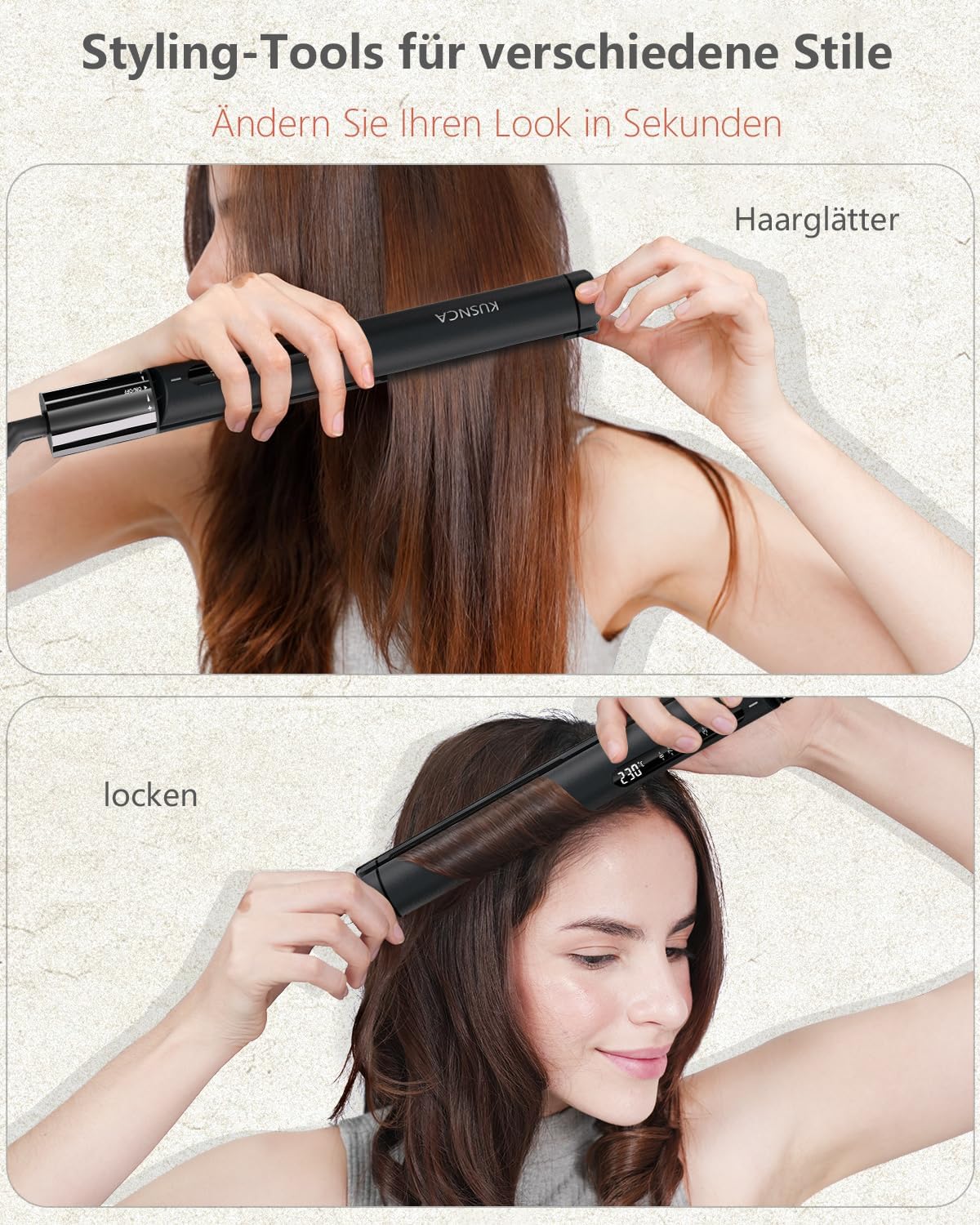 Thumbnail 1 de KUSNCA Ionen Glätteisen LCD 110–230 °C (2-in-1: glätten & locken) mit 25-mm-Keramikplatten