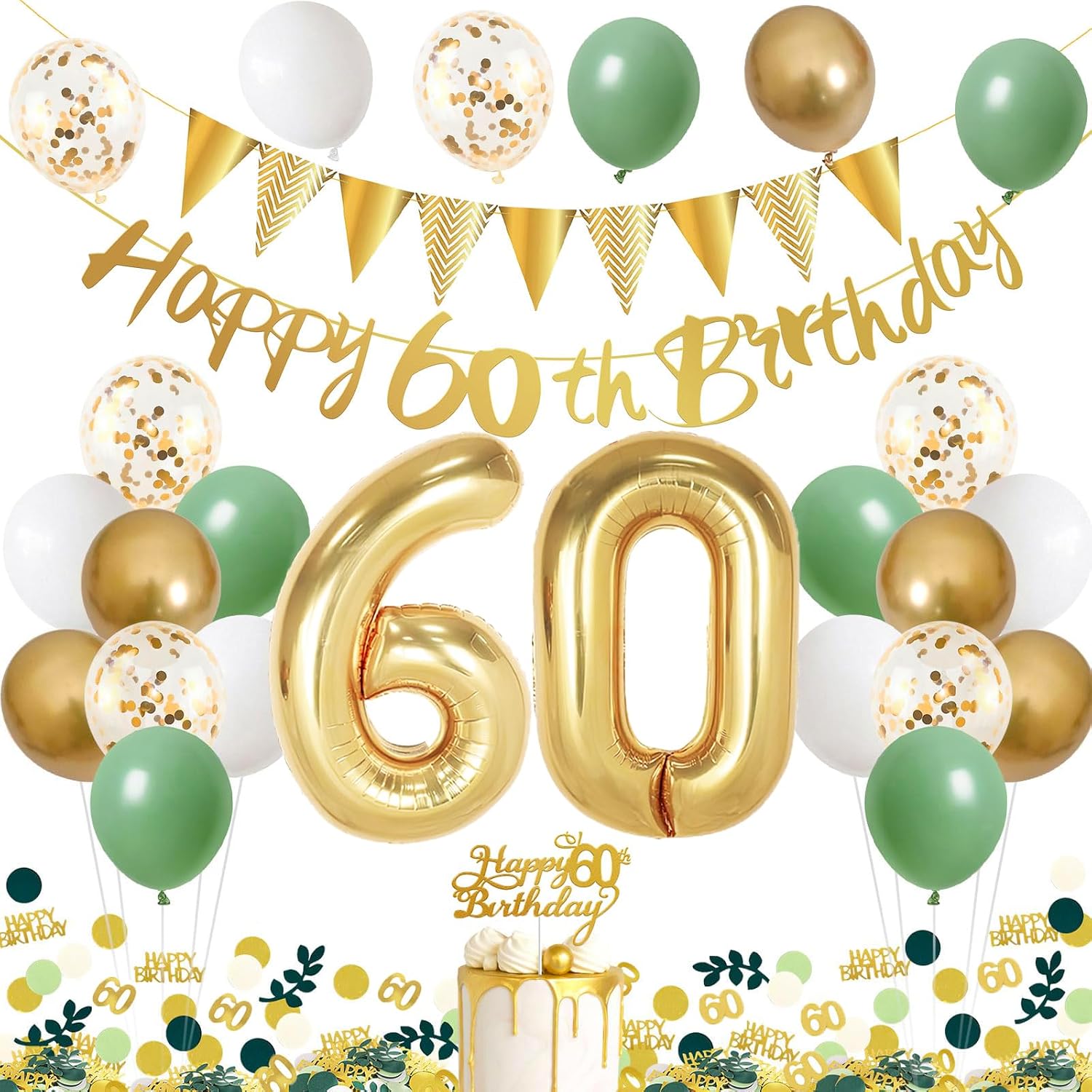 Detalle de Saga Green 60th Birthday Decorations Set – Sage Green, White & Gold Party Kit