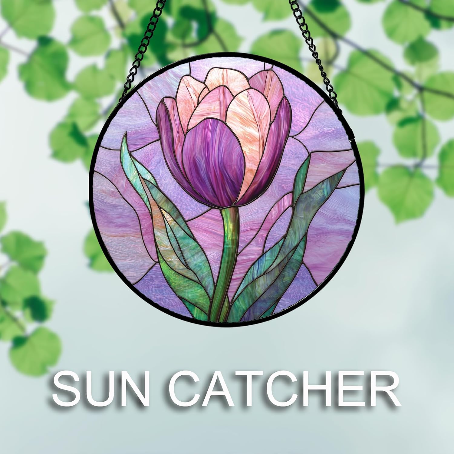 Detalle 2 de Purple Tulip Stained Glass Window Hanging Suncatcher, 9.8-Inch