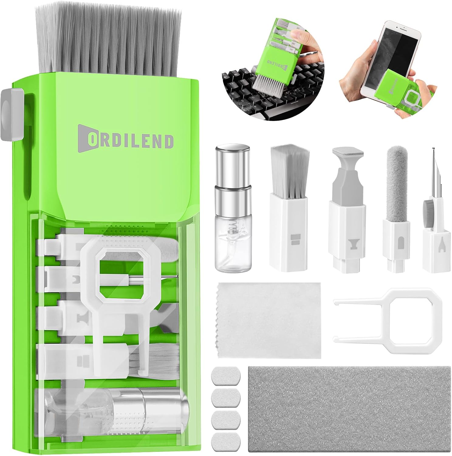 Detalle de Ordilend Tastatur Reinigungsset „Alles-in-einem“ für iPhone Pro & Geräte – Screen Cleaner Kit mit Bürsten, Mikrofasertüchern und Spray