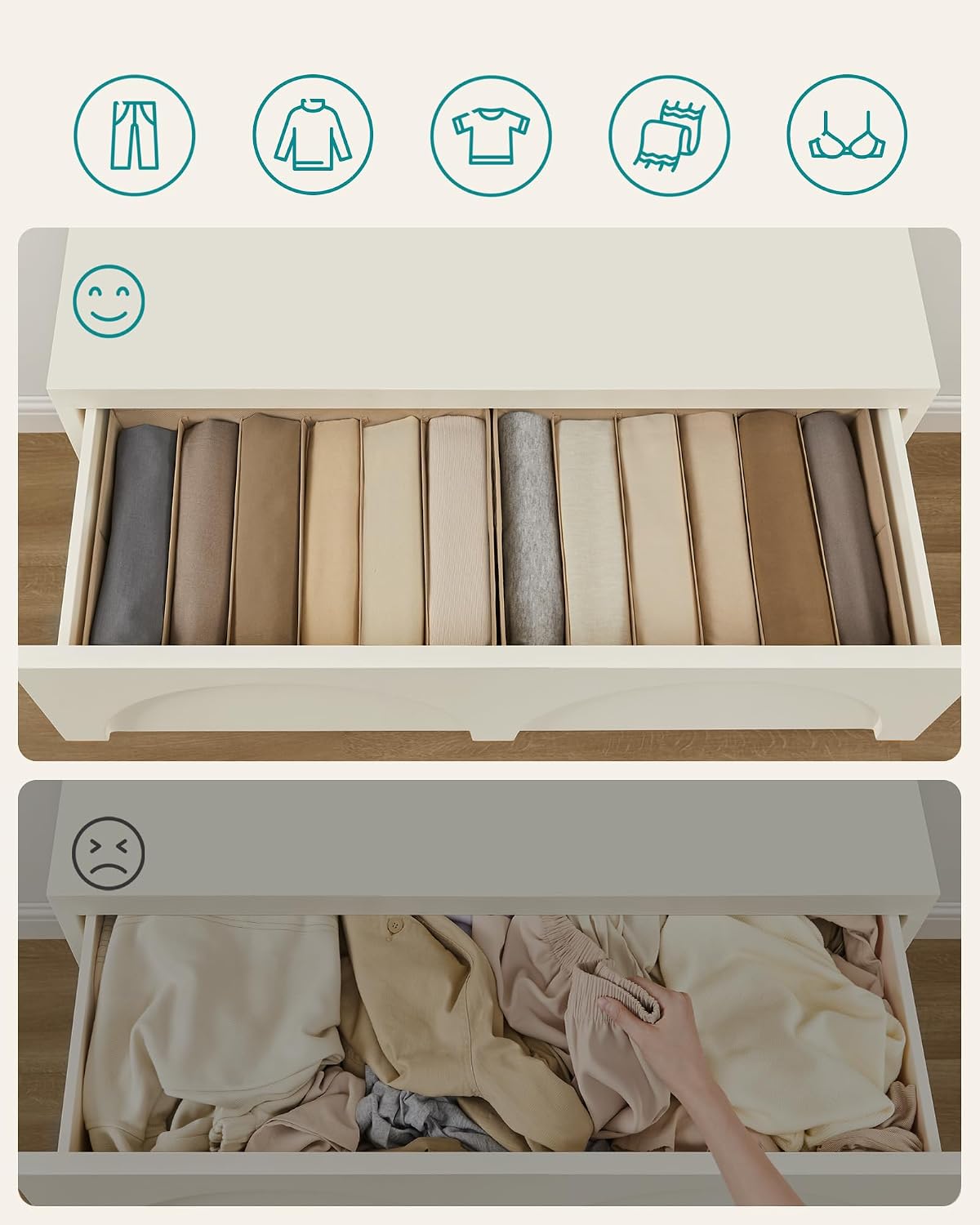 Detalle de SONGMICS RUS009K02 kledingorganizers, 6 vakken, stapelbaar en zandbeige