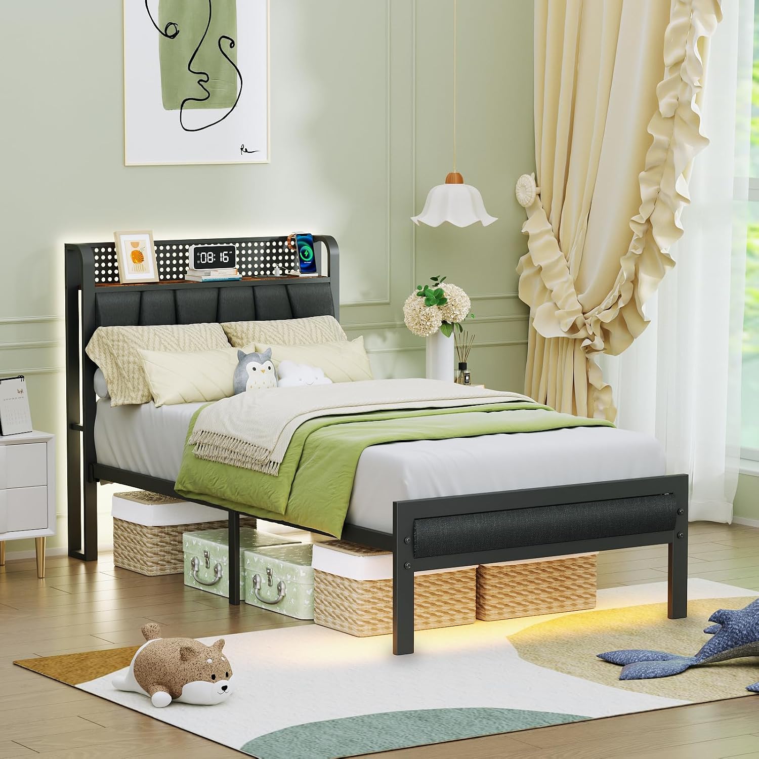 Detalle 1 de Furnulem Twin Bed Frame with RGB LED Lighting, Charging Station and Upholstered Headboard