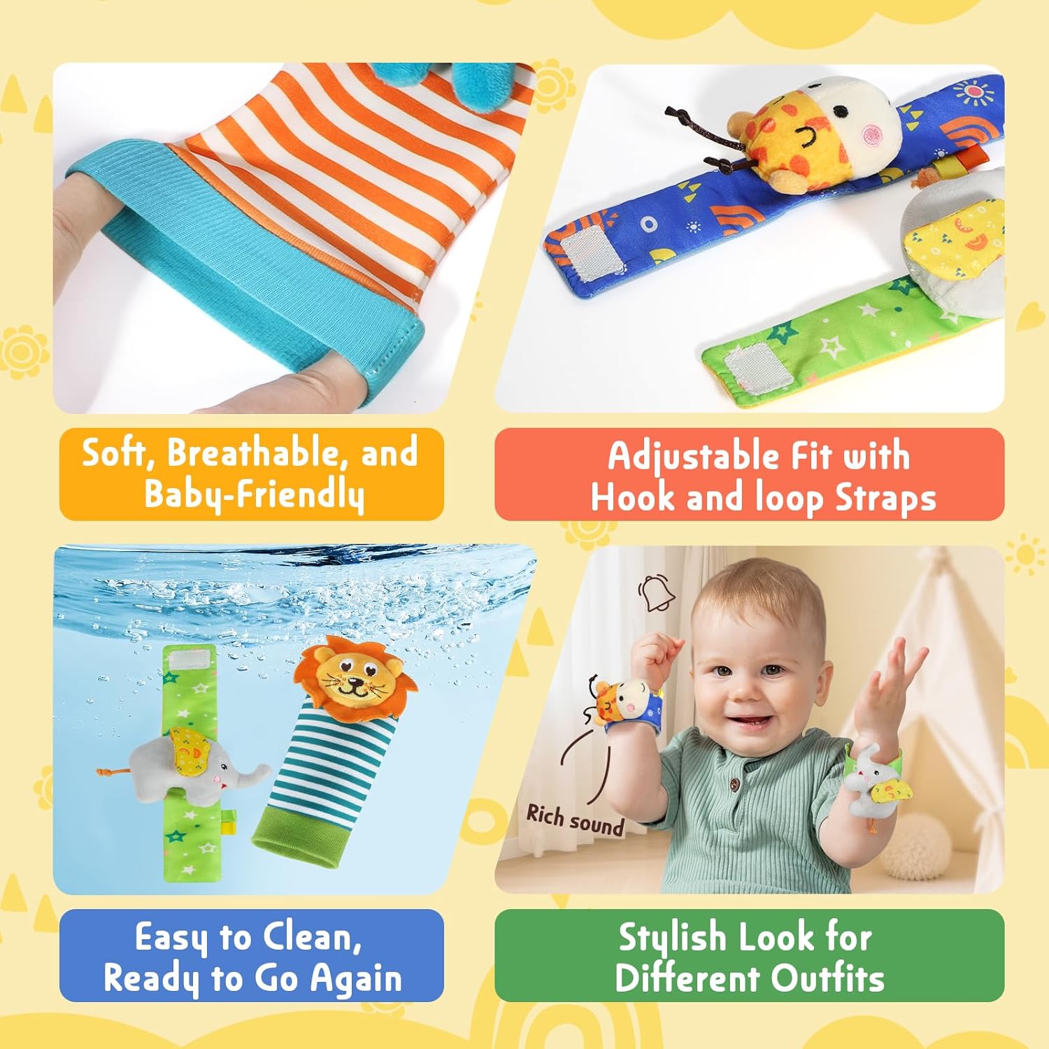 Thumbnail 3 de Foot Finders Wrist Rattles for Infants (sock and wrist rattle set with rainforest animal designs)