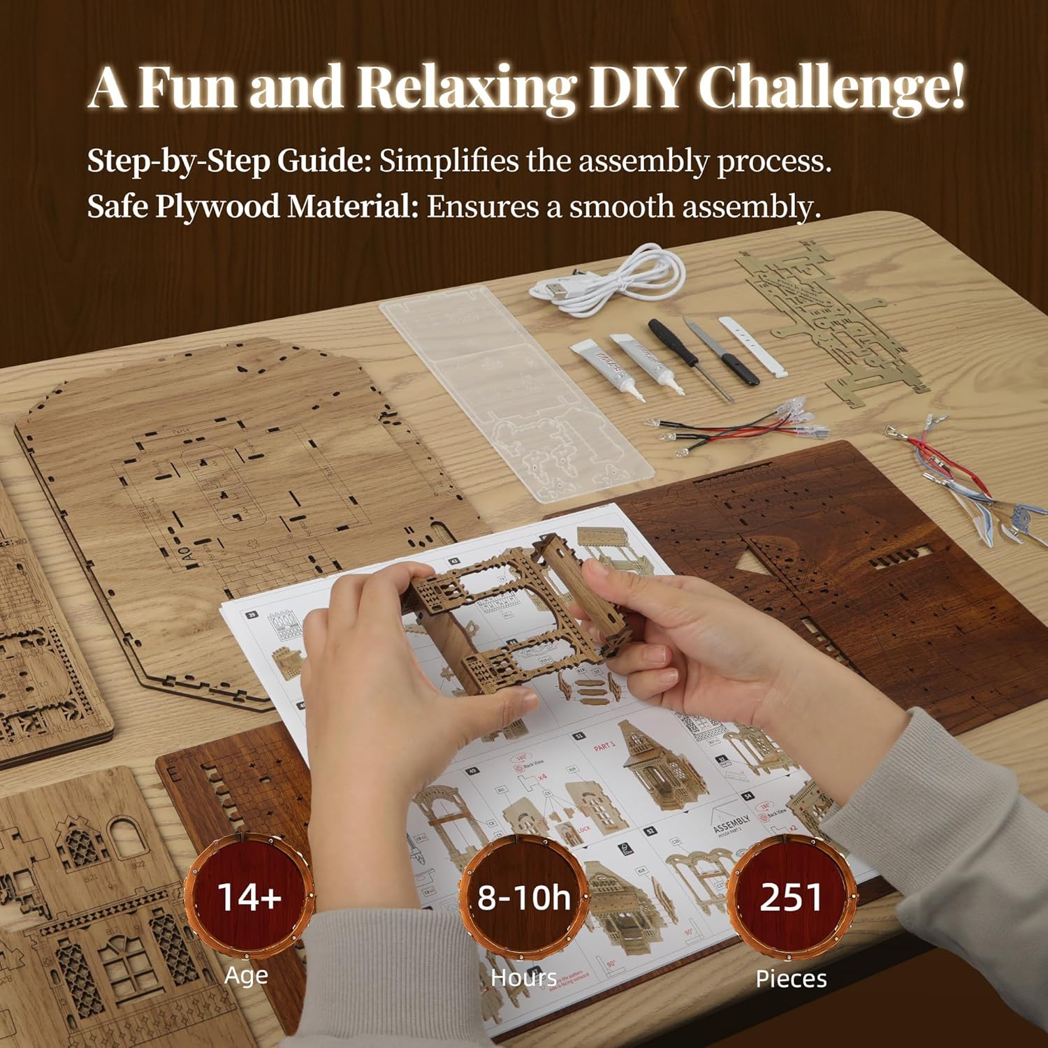 Thumbnail 3 de FUNPOLA 3D Wood Puzzle Countryside Cottage DIY Miniature Building Kit with Spark LED Lights (251 Pieces)