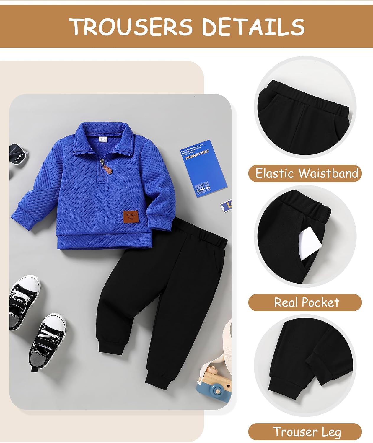Detalle de ZOEREA ZA1285 Toddler Boys’ Two-Piece Sweatsuit with Long-Sleeve Sweatshirt