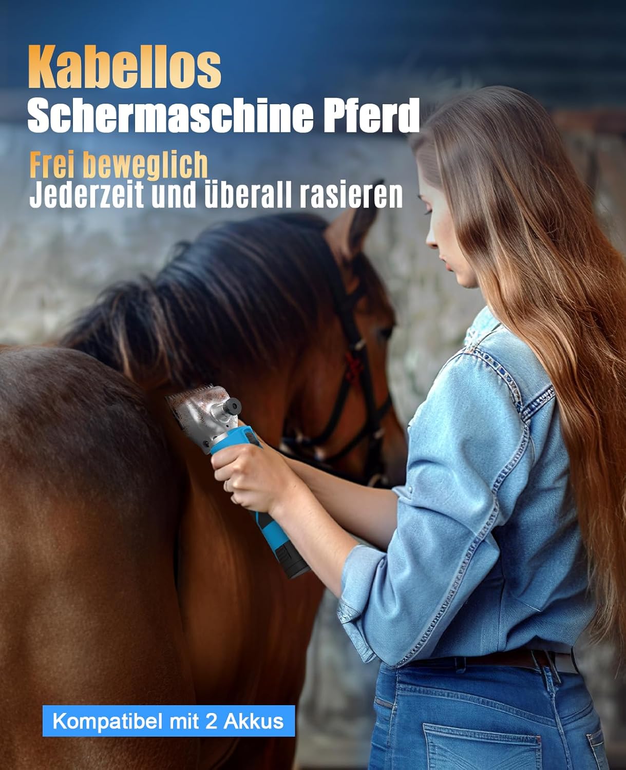 Detalle 2 de oneisall Schermaschine Pferd 2 Akkus – kabellose Pferde-Schermaschine für dickes und verfilztes Haar (2400 PRM/min)