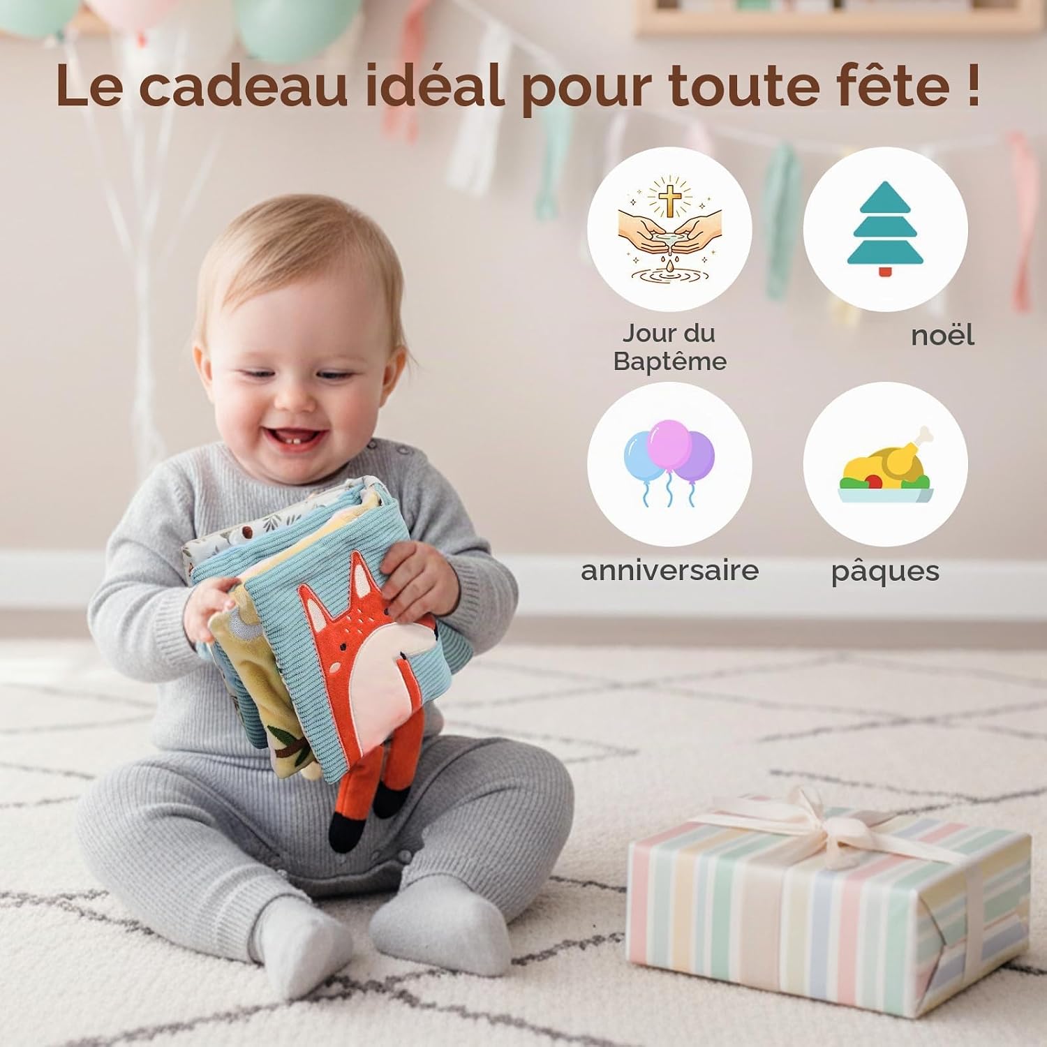 Thumbnail 6 de WOODEN TEETHER stoffen babyboek met spiegel, knisperpagina’s en houten ring