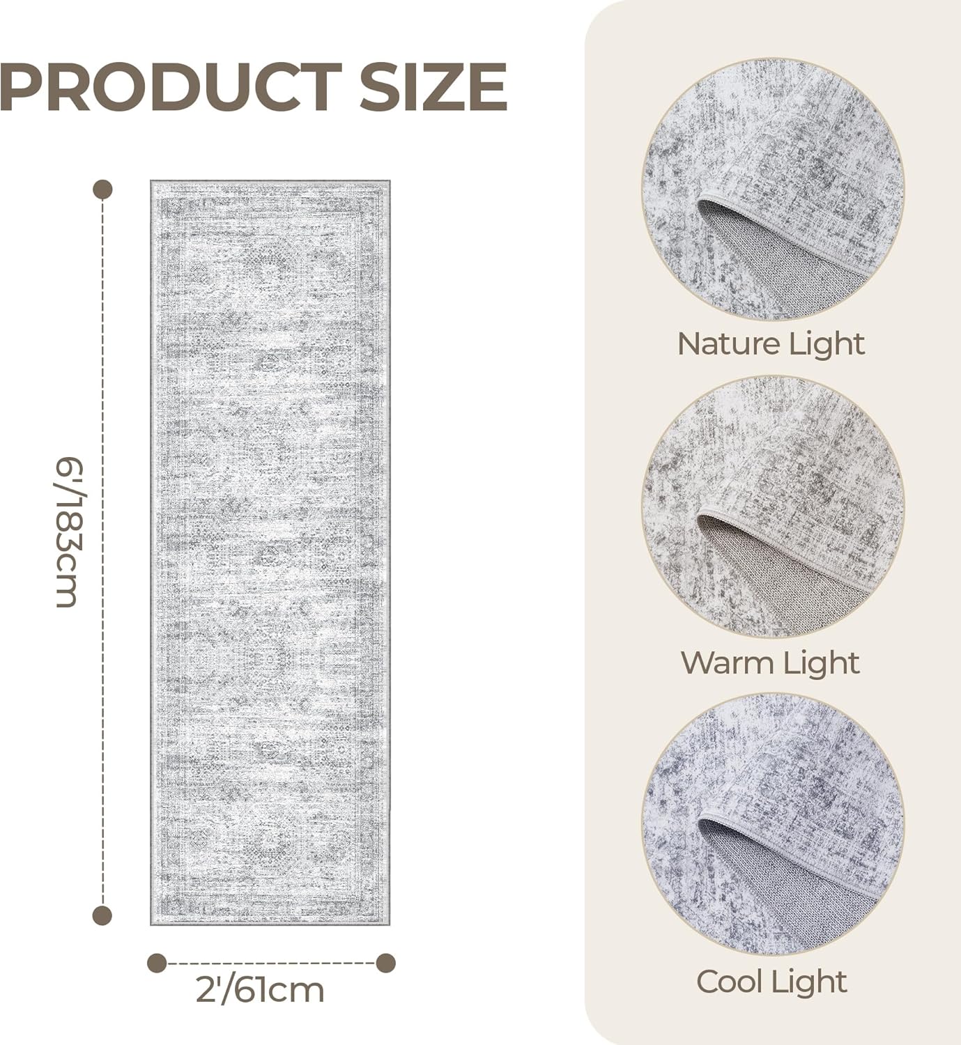 Thumbnail 1 de Restydon Washable 2x6 Runner Rug with Non-Slip Backing (Grey/Ivory) for Bedroom, Kitchen, and Hallways