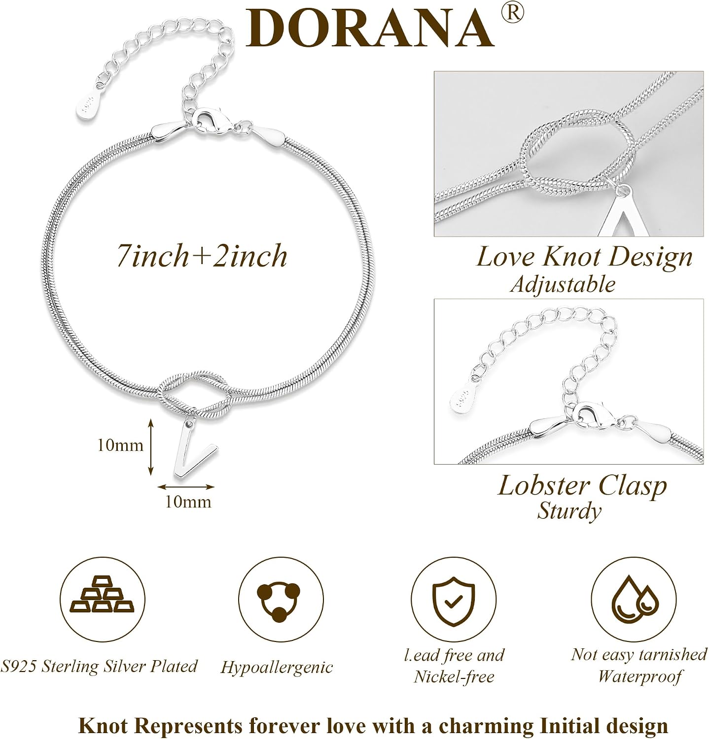 Detalle 2 de DORANA Sterling Silver Initial Bracelet with Love Knot – 6.5in + 2in Ext