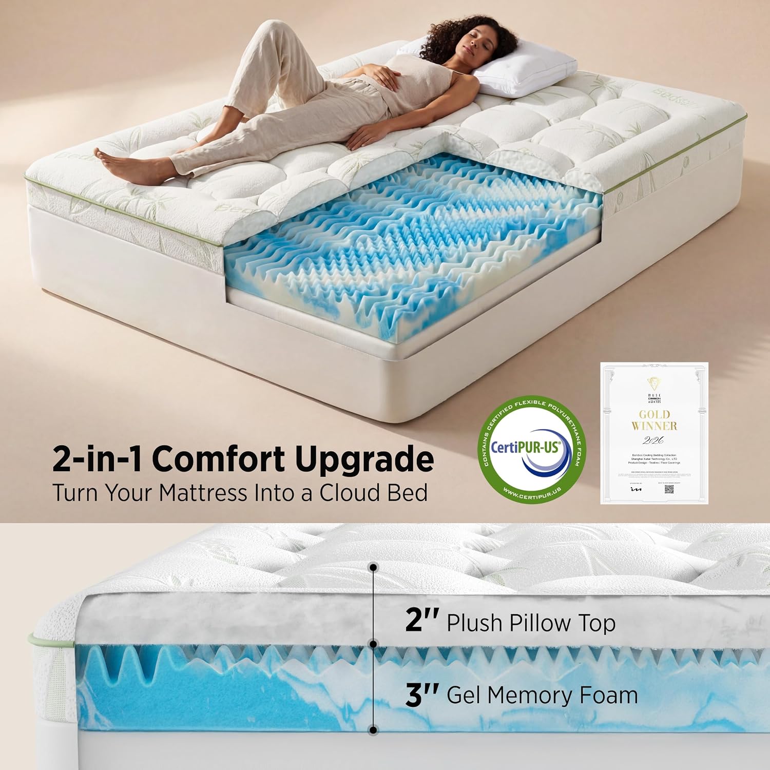 Detalle 2 de Bedsure Memory Foam Mattress Topper, Twin XL