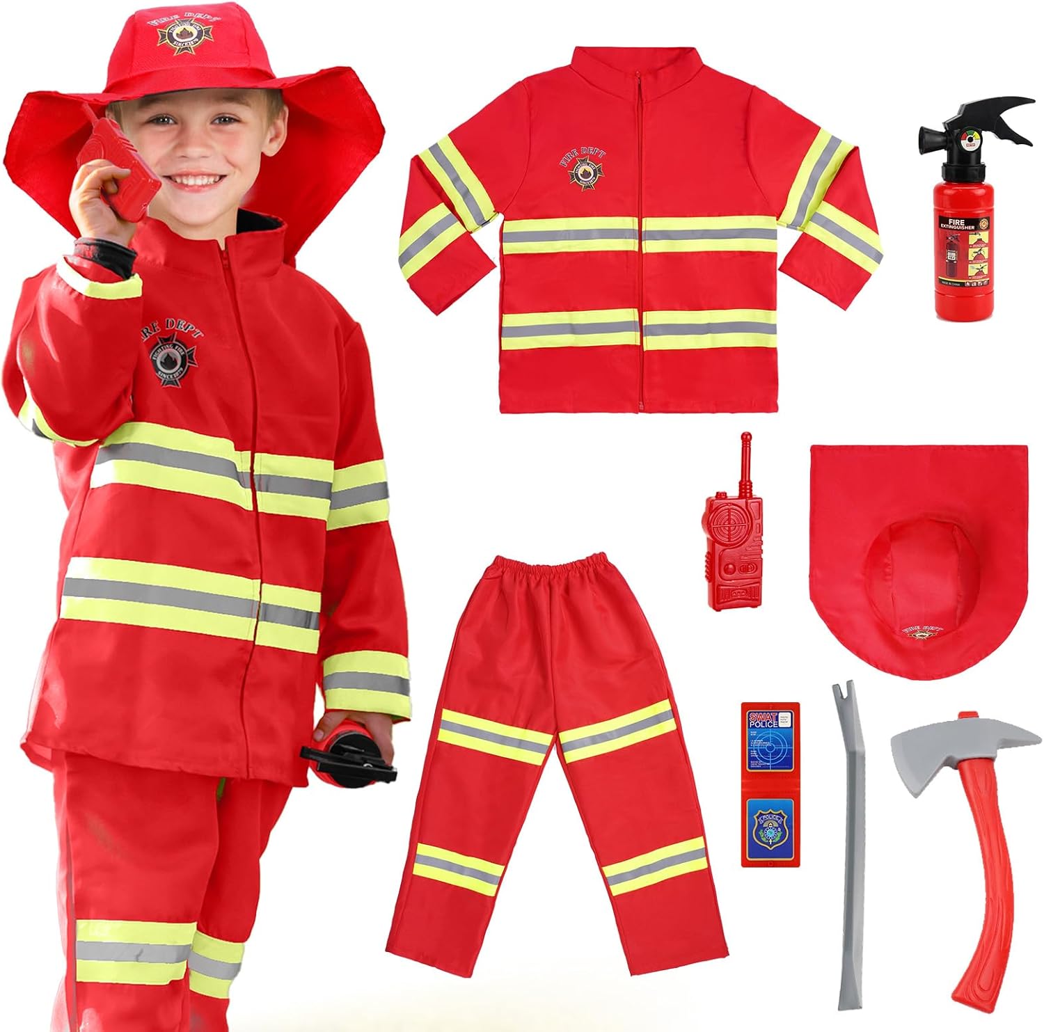 AYBUY Costume da pompiere per bambini 8 pezzi rosso con accessori per giochi d’imitazione