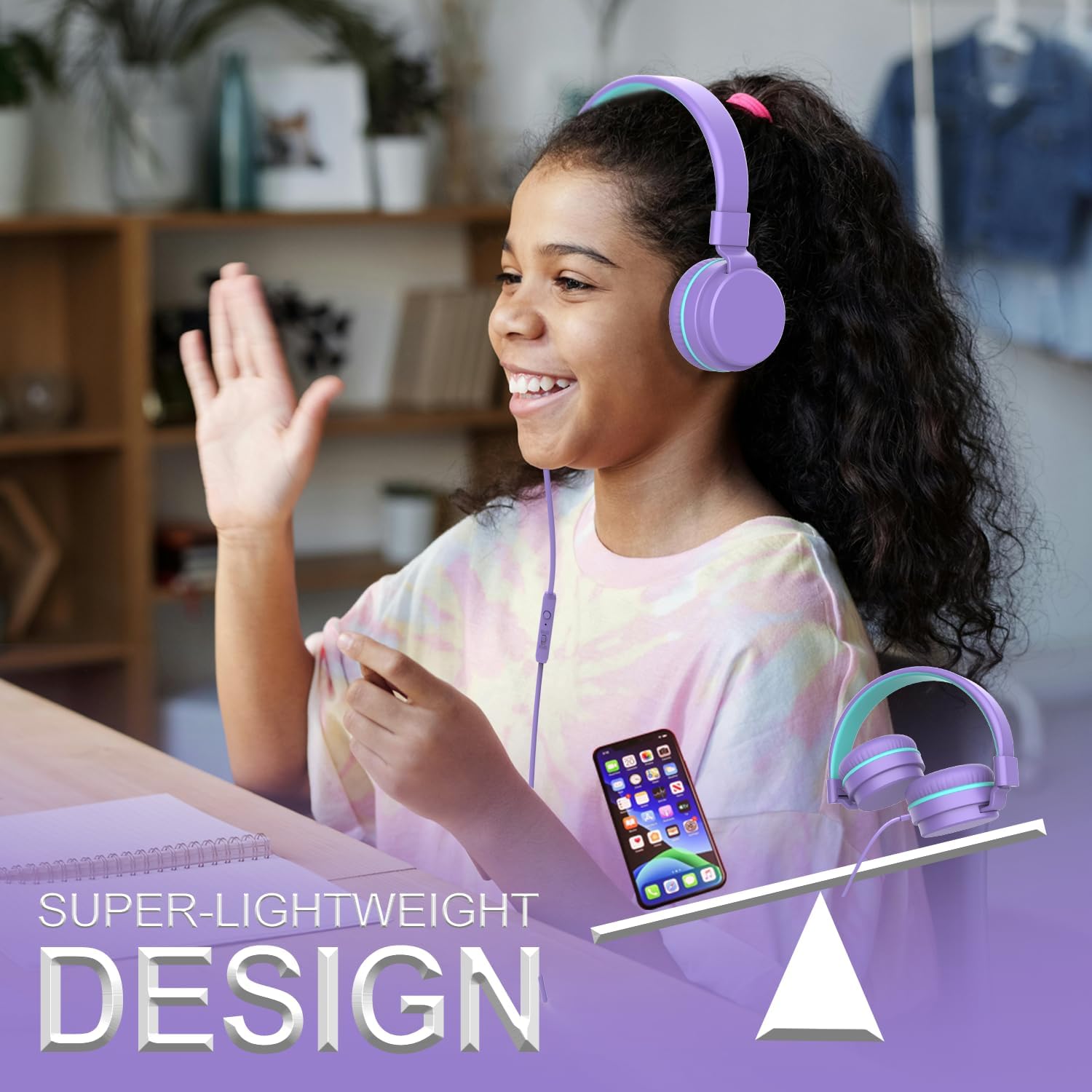 Detalle de YOYOTUNE Kids On-Ear Headphones with Mic – Safe Volume Limiter, 3.5mm Wired, Foldable & Lightweight (Purple)