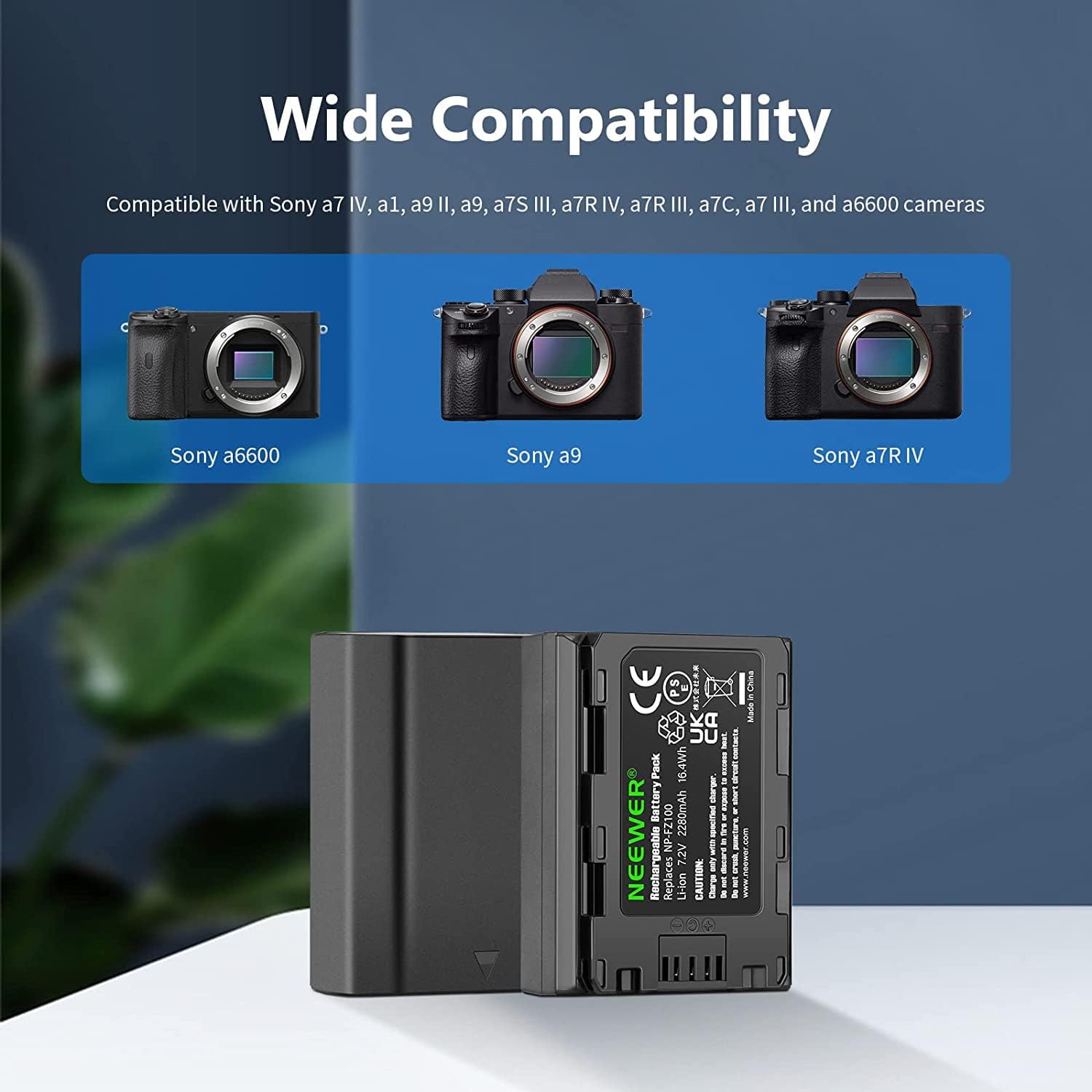 Detalle 2 de NEEWER NP-FZ100 : kit chargeur double USB + 2 batteries de remplacement (2280 mAh) pour appareils Sony