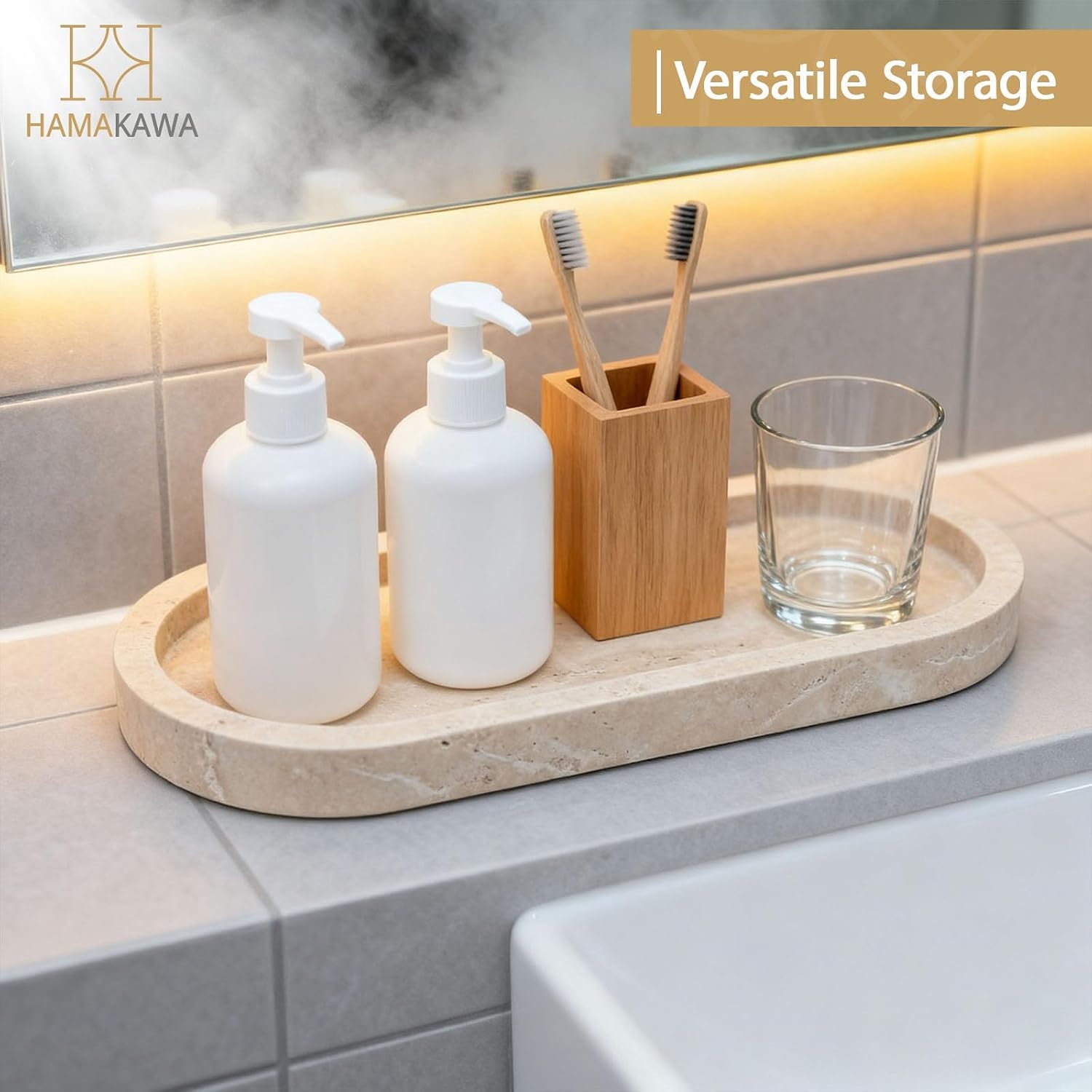 Detalle 2 de HAMAKAWA bathroom vanity tray, travertine
