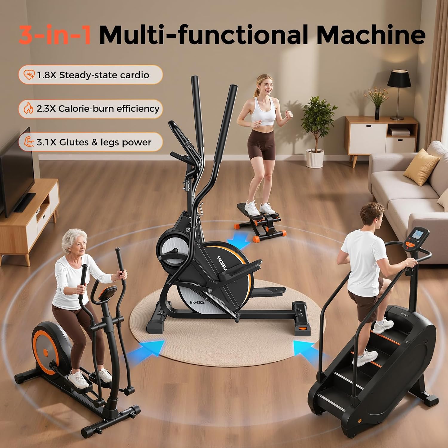 Detalle de YOSUDA 3-in-1 Elliptical Exercise Machine: Compact Home Gym with 45° Incline and 16 Resistance Levels