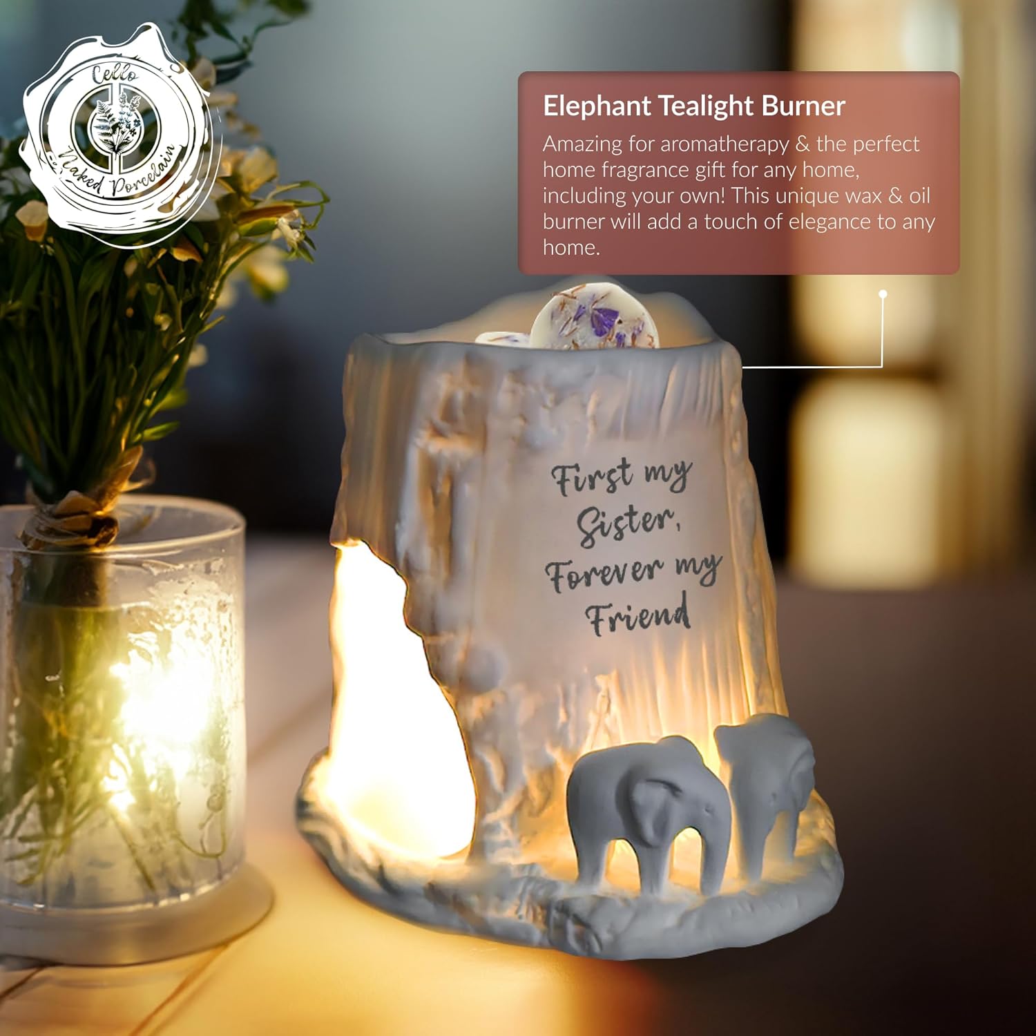 Thumbnail 1 de Cello Elephant Tealight Burner – First My Sister, Forever My Friend (Porcelain) and Wax/Oil Melter