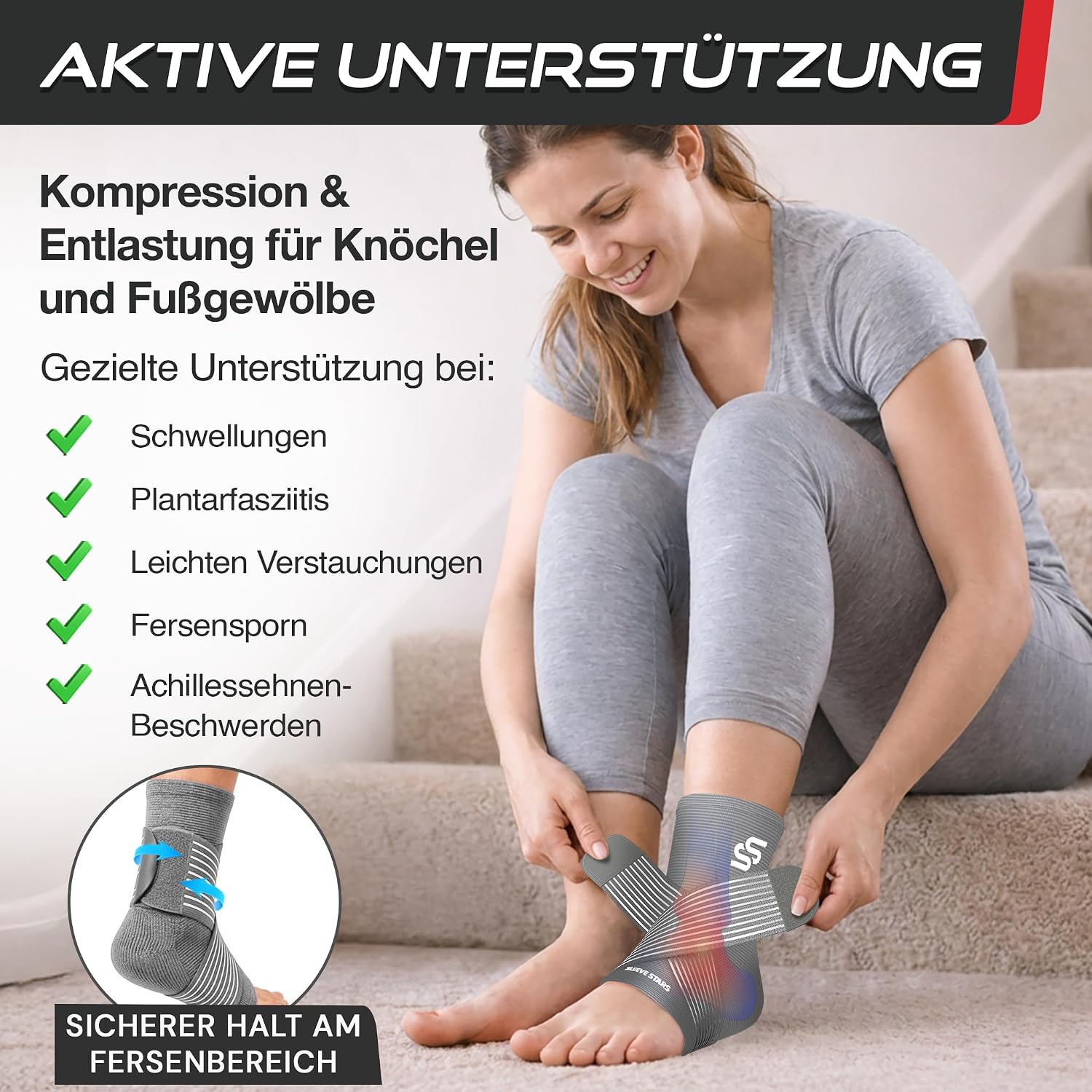 Detalle de Sleeve Stars Sprunggelenkbandage – verstellbare Knöchelbandage gegen Plantarfasziitis, Achillessehnenentzündung und Fußbeschwerden