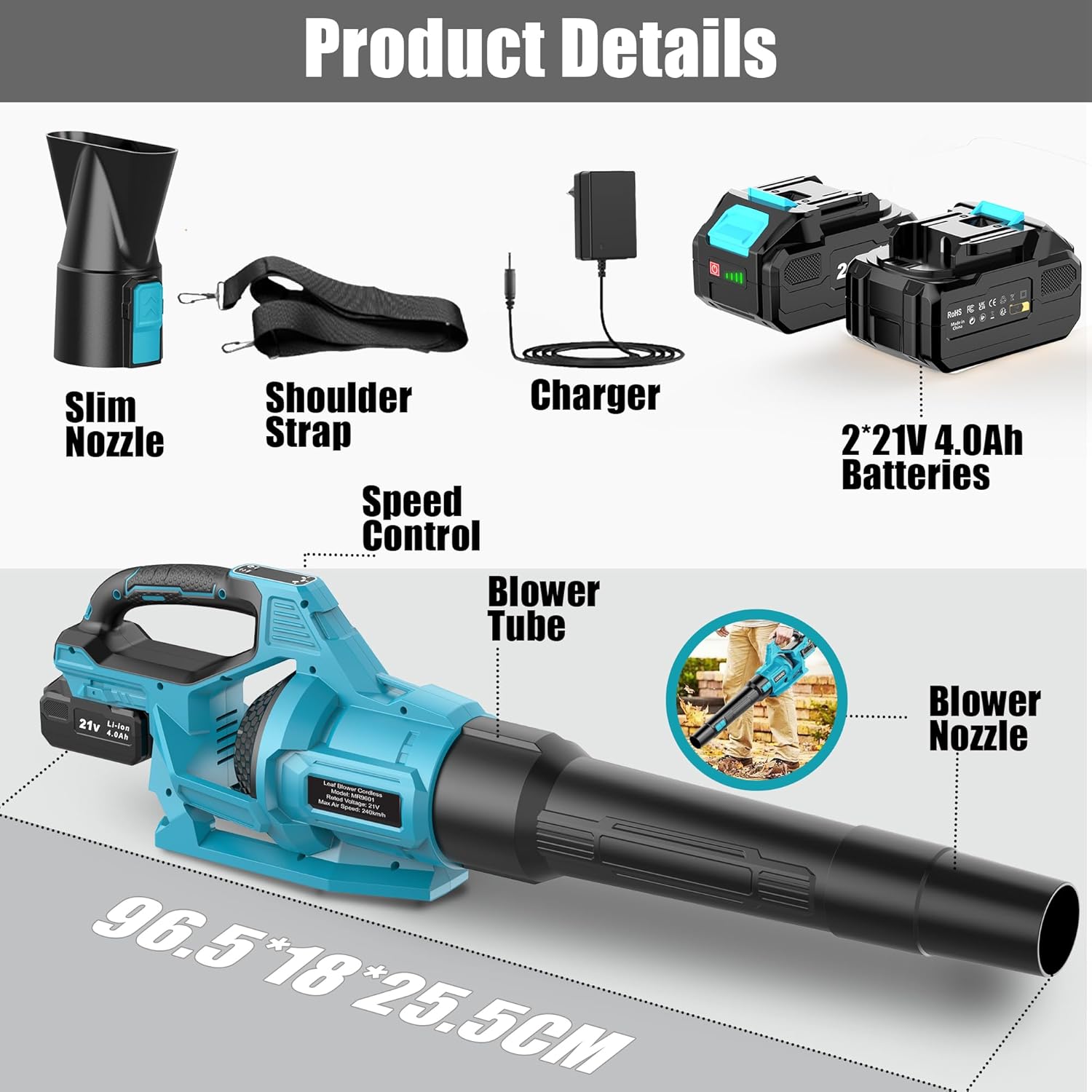 Detalle de LEIIKOO cordless leaf blower 21V 2x4.0Ah