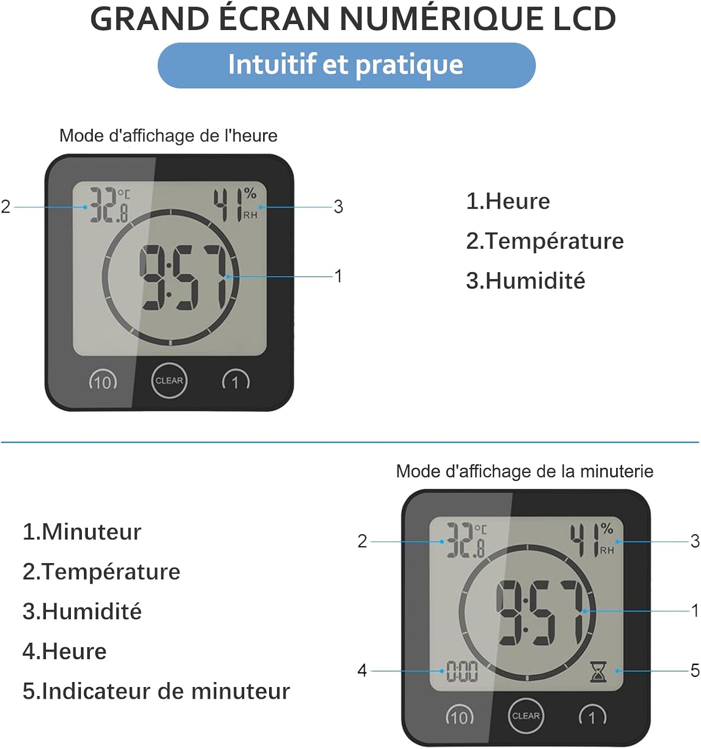 Thumbnail 2 de Horloge de Salle de Bain VORRINC — Horloge de Douche Étanche avec Tactile, LCD, Thermomètre et Minuterie