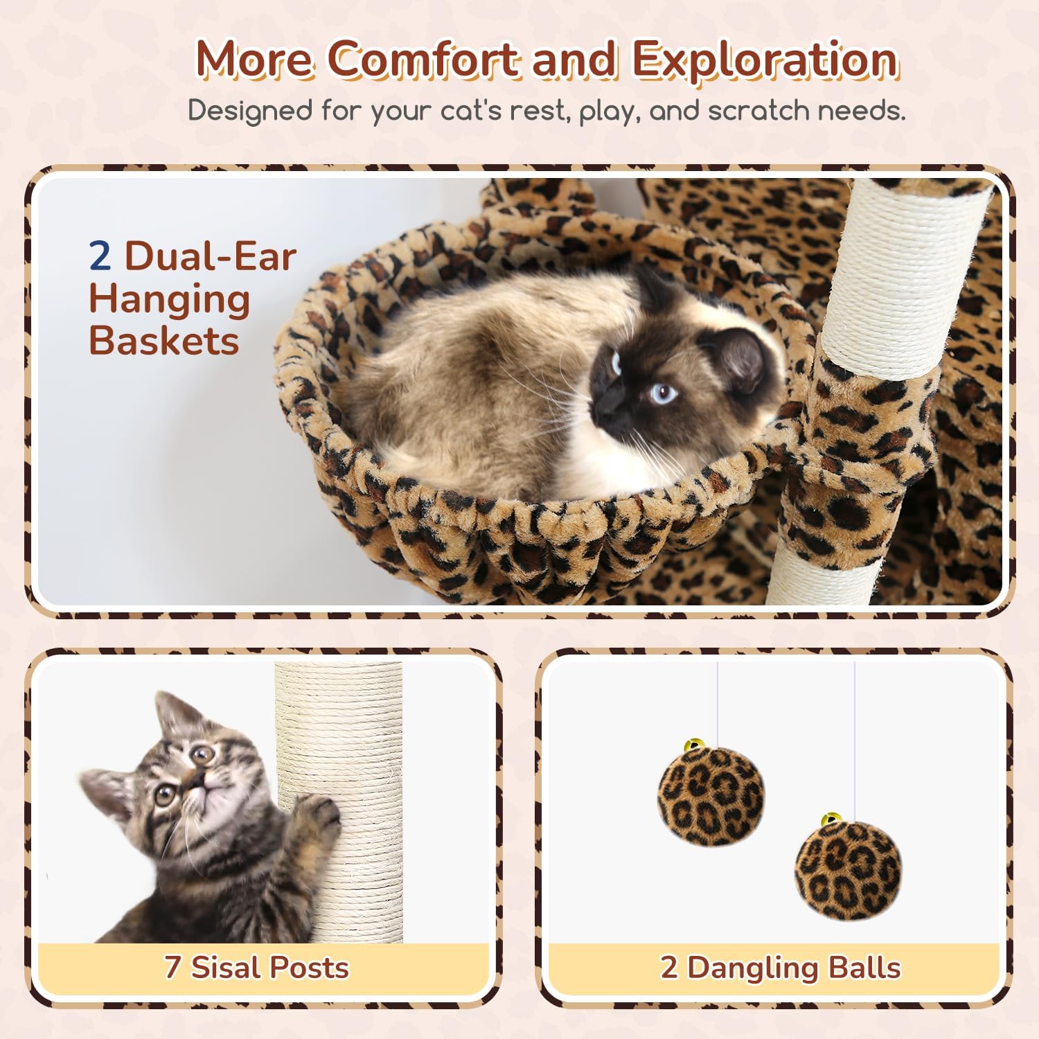 Detalle 1 de Globlazer S74 Leopard Cat Tree for Large Cats, 74-Inch, 7 Levels