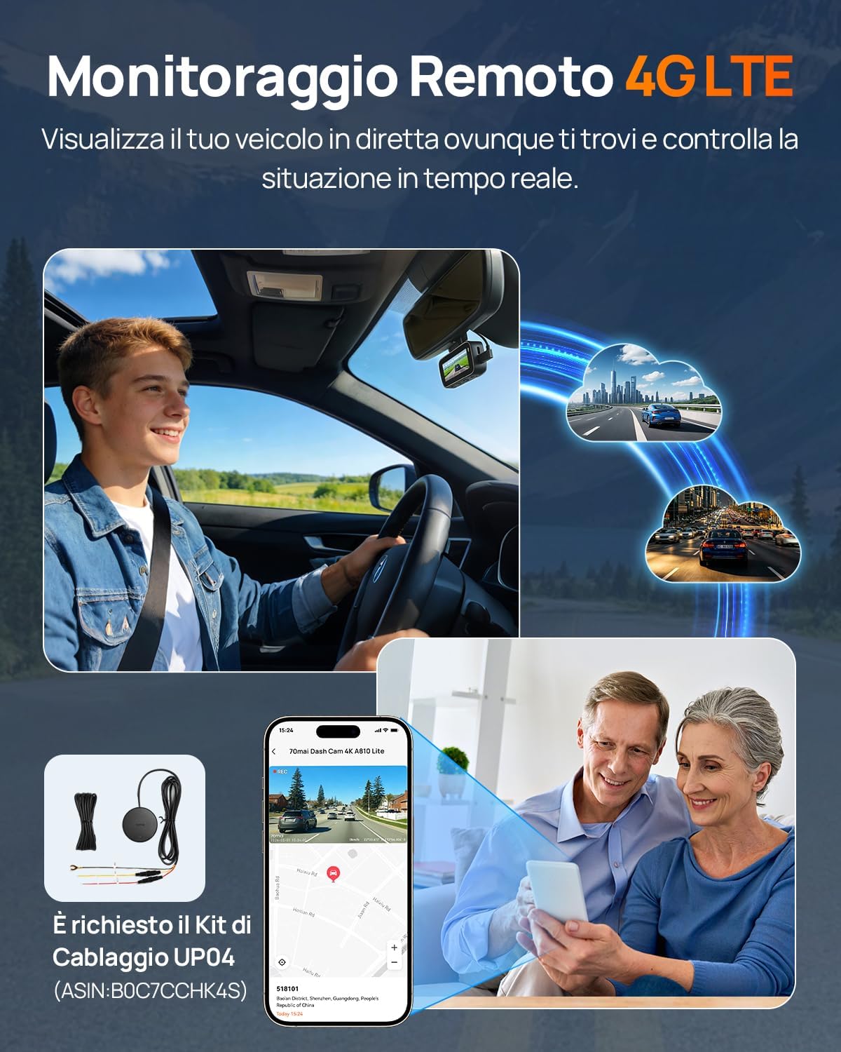 Thumbnail 4 de 70mai A810 Lite Dash Cam Auto 4K + 1080P: Dash cam frontale 4K e posteriore 1080P con GPS, 5GHz WiFi e 4G LTE