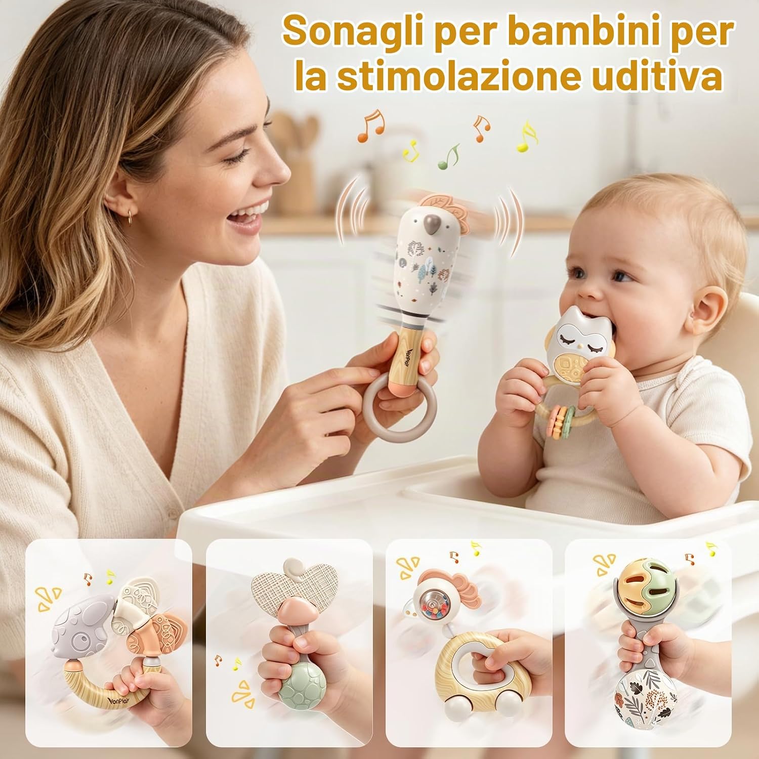 Detalle de Vanplay Sonaglio Neonato 10 Anelli da Dentizione: stimolanti, sicuri e pratici